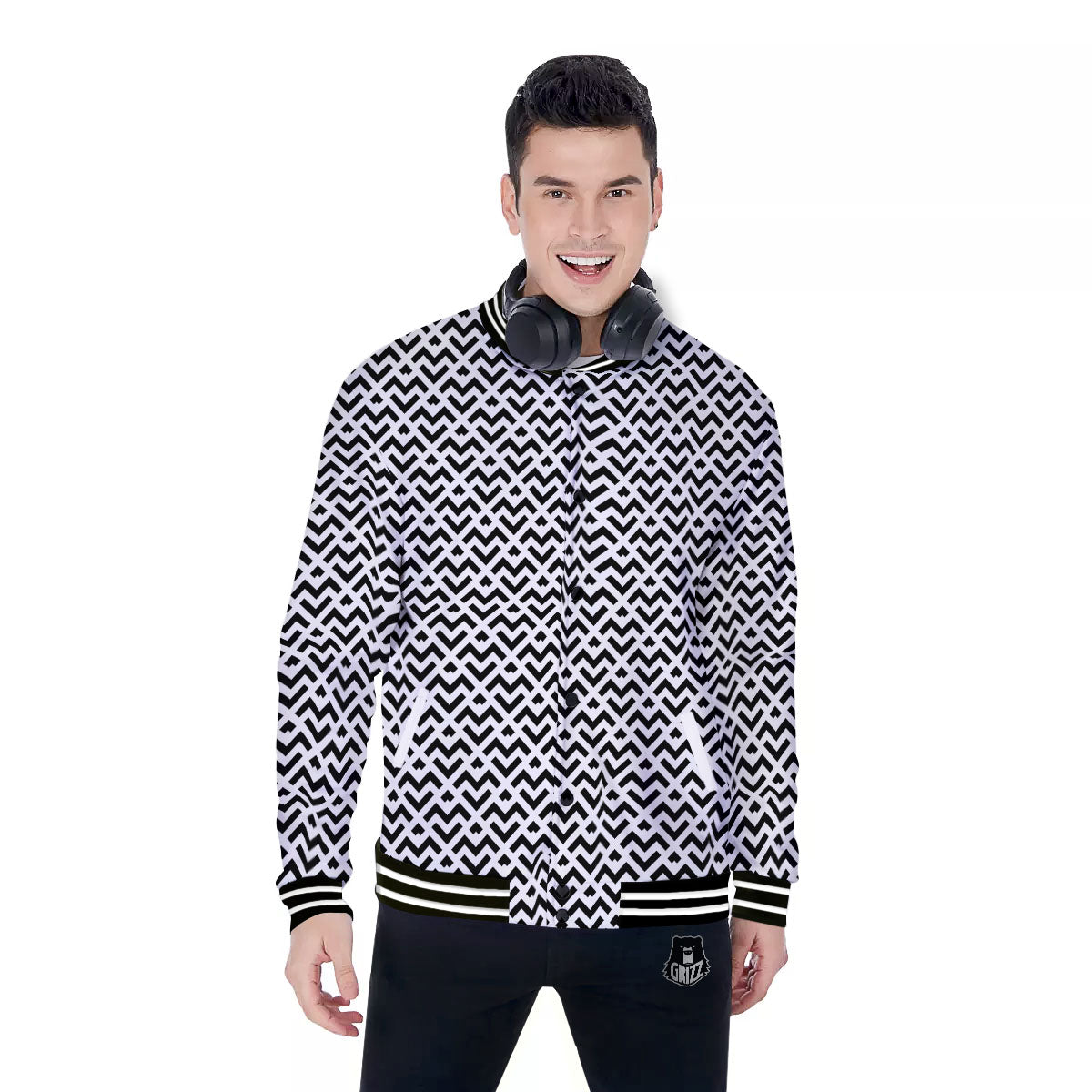 Geometric White And Black Print Pattern Baseball Jacket-grizzshop