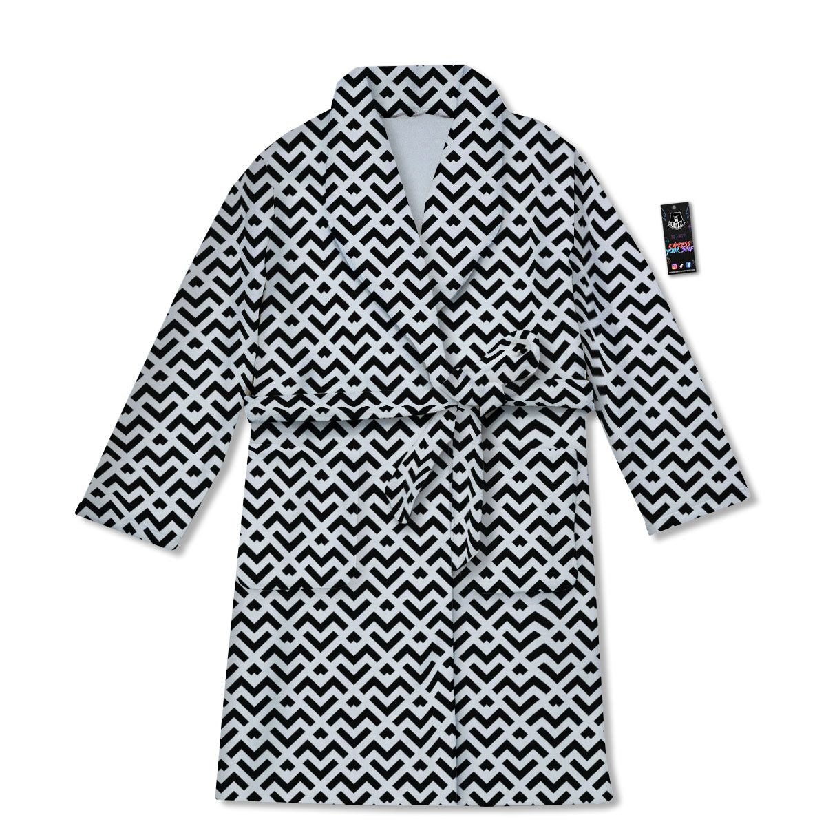 Geometric White And Black Print Pattern Bathrobe-grizzshop