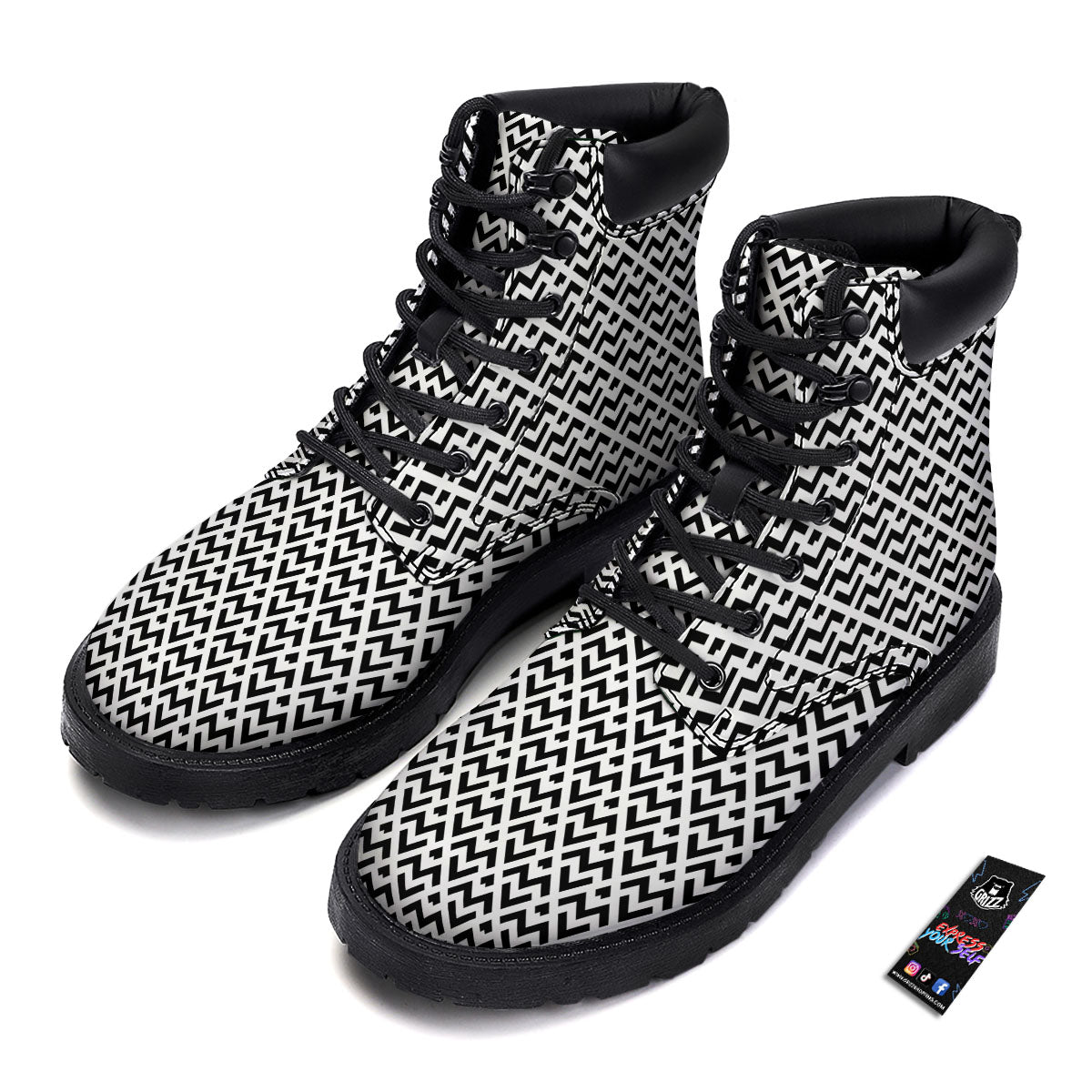 Geometric White And Black Print Pattern Boots-grizzshop
