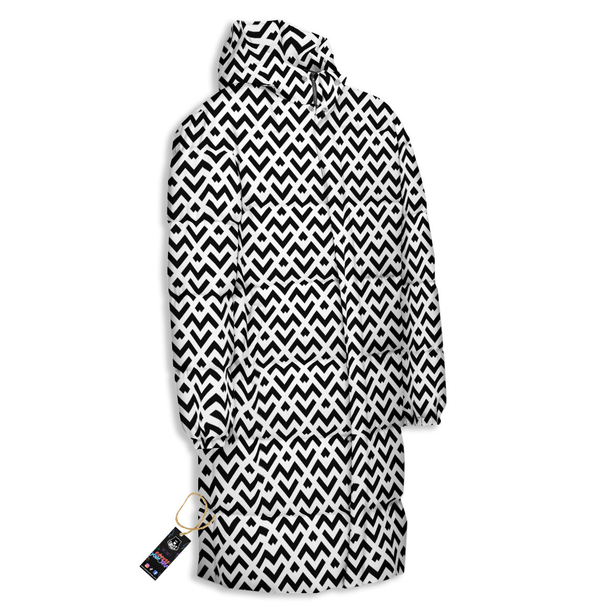 Geometric White And Black Print Pattern Long Down Jacket-grizzshop