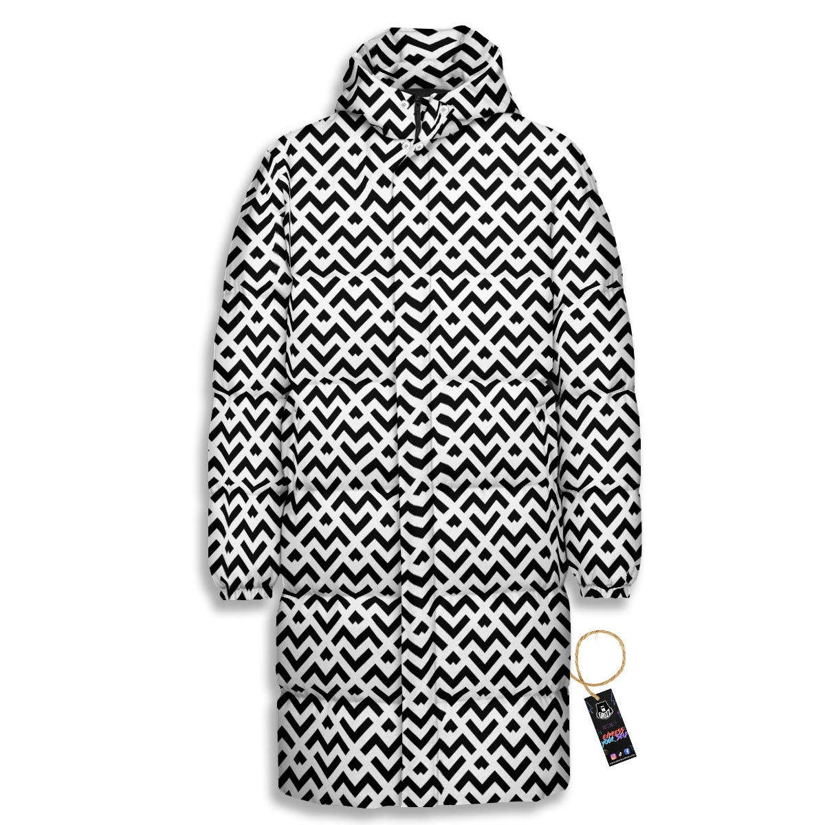 Geometric White And Black Print Pattern Long Down Jacket-grizzshop