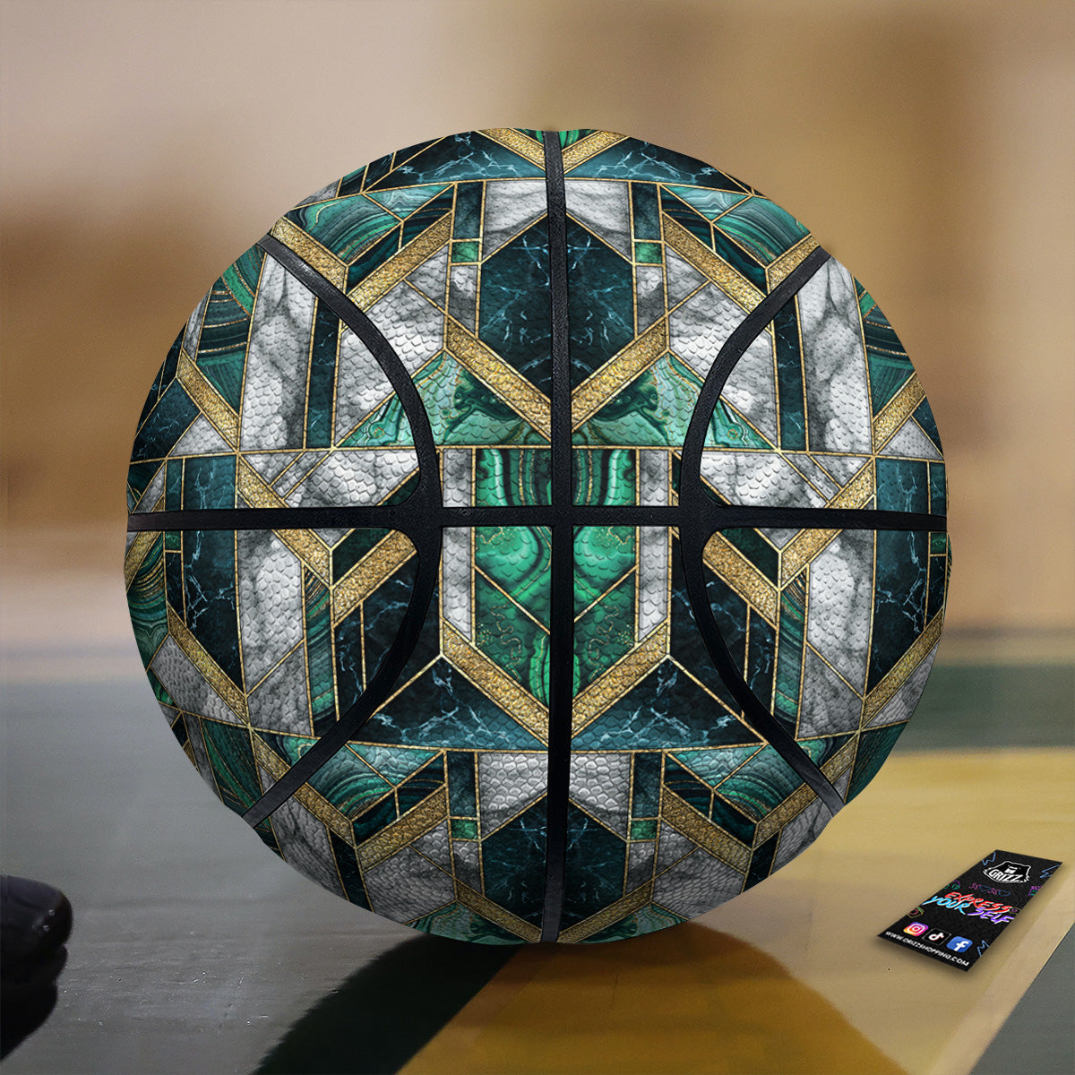 Geometric Marble Dark Green And Gold Print Pattern Basketball