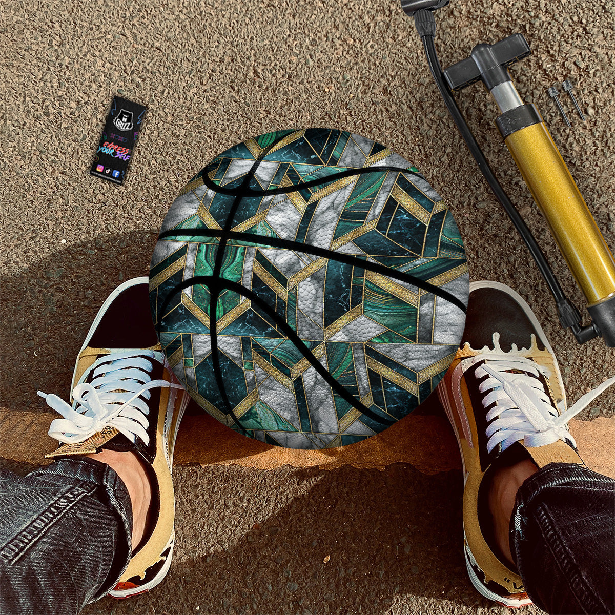 Geometric Marble Dark Green And Gold Print Pattern Basketball