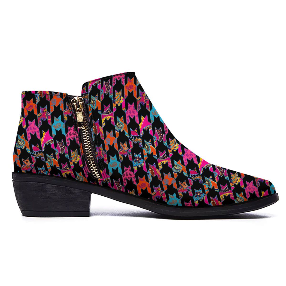 Geometrical Houndstooth And Paisley Print Pattern Ankle Boots-grizzshop