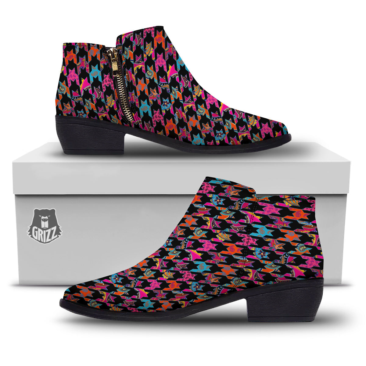 Geometrical Houndstooth And Paisley Print Pattern Ankle Boots-grizzshop