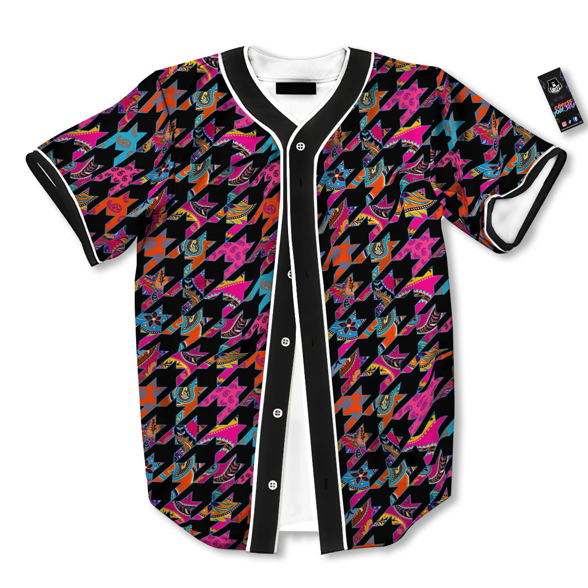 Geometrical Houndstooth And Paisley Print Pattern Baseball Jersey-grizzshop