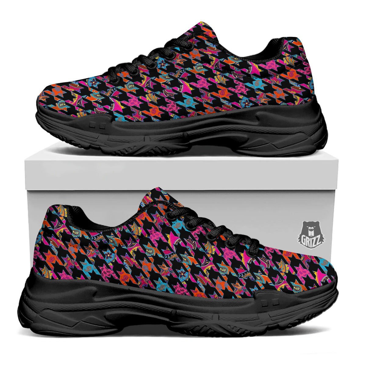 Geometrical Houndstooth And Paisley Print Pattern Black Chunky Shoes-grizzshop