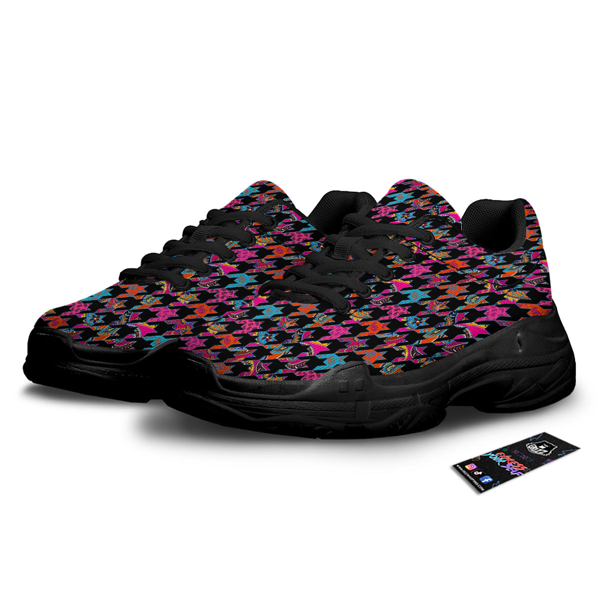 Geometrical Houndstooth And Paisley Print Pattern Black Chunky Shoes-grizzshop