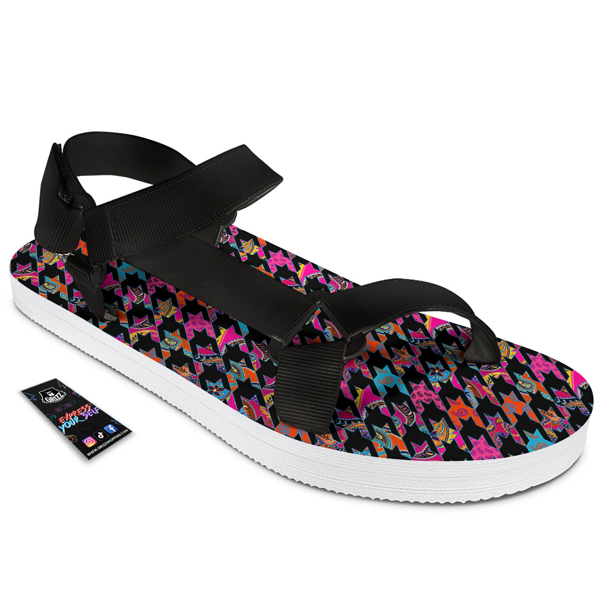 Geometrical Houndstooth And Paisley Print Pattern Black Open Toe Sandals-grizzshop