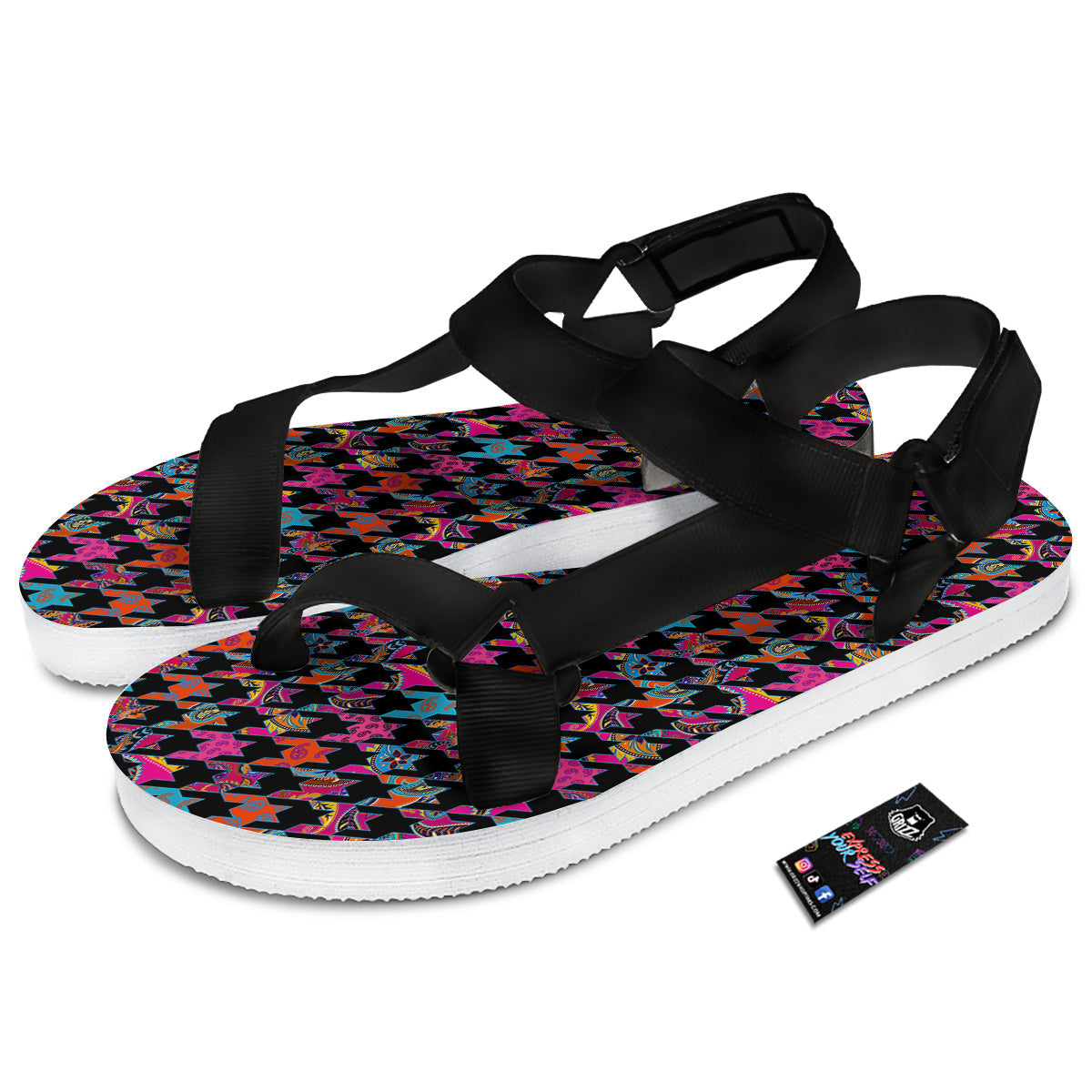 Geometrical Houndstooth And Paisley Print Pattern Black Open Toe Sandals-grizzshop