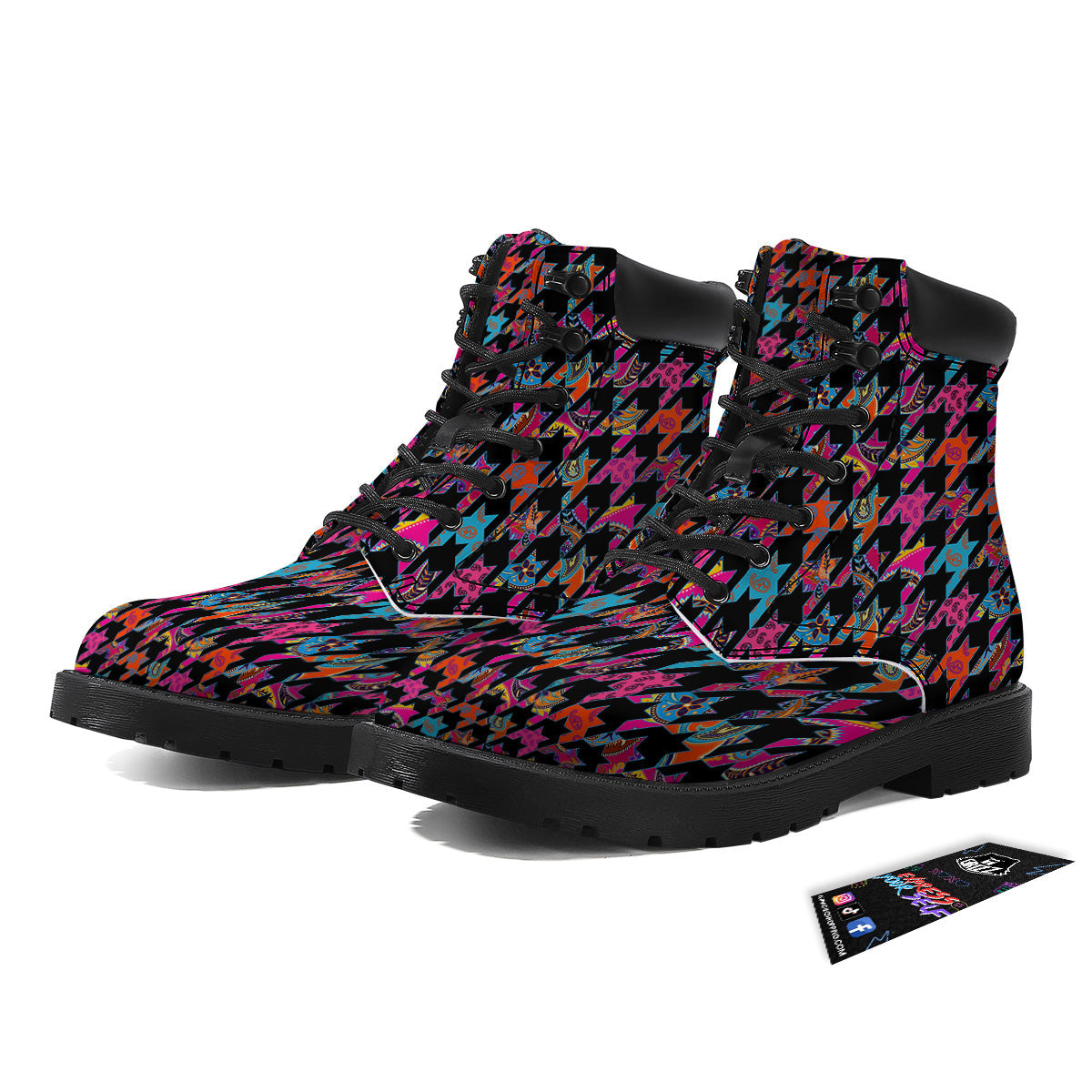 Geometrical Houndstooth And Paisley Print Pattern Boots-grizzshop