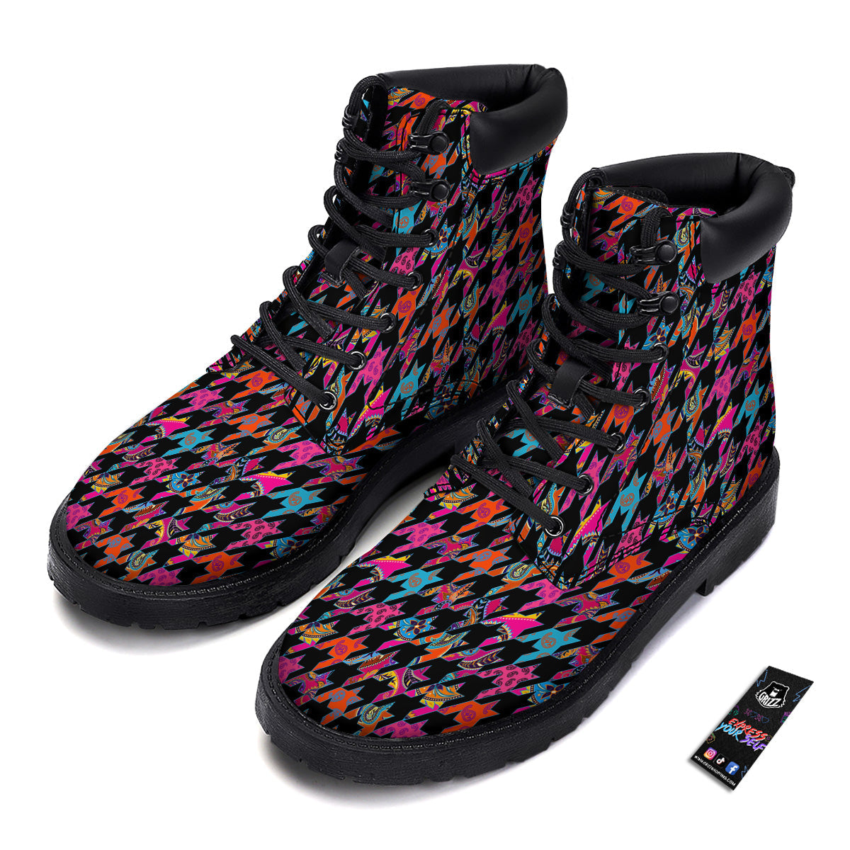 Geometrical Houndstooth And Paisley Print Pattern Boots-grizzshop