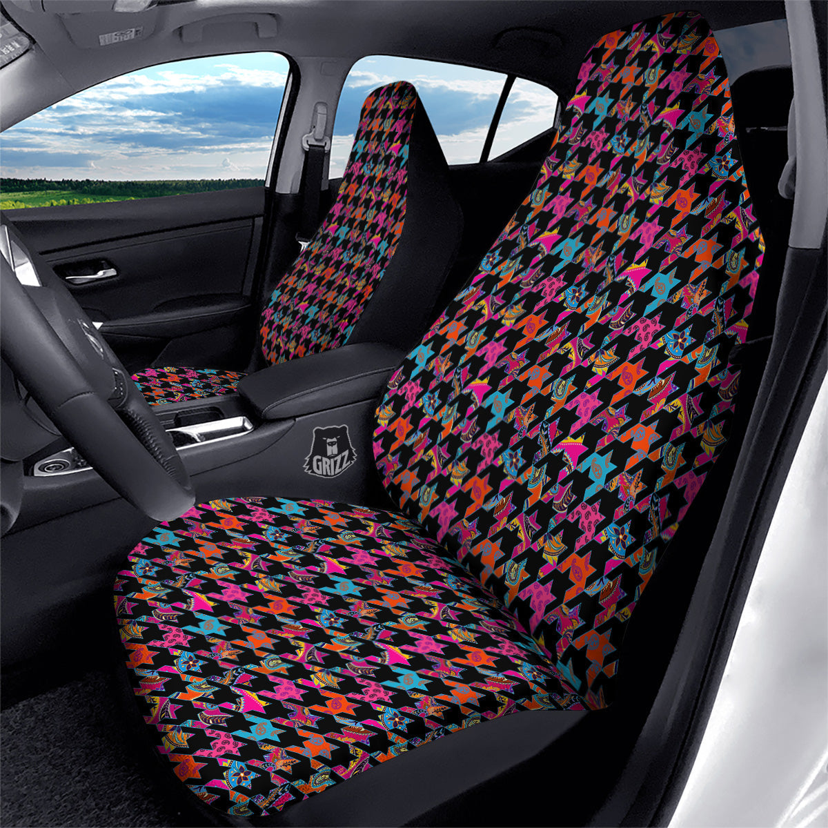 Geometrical Houndstooth And Paisley Print Pattern Car Seat Covers-grizzshop