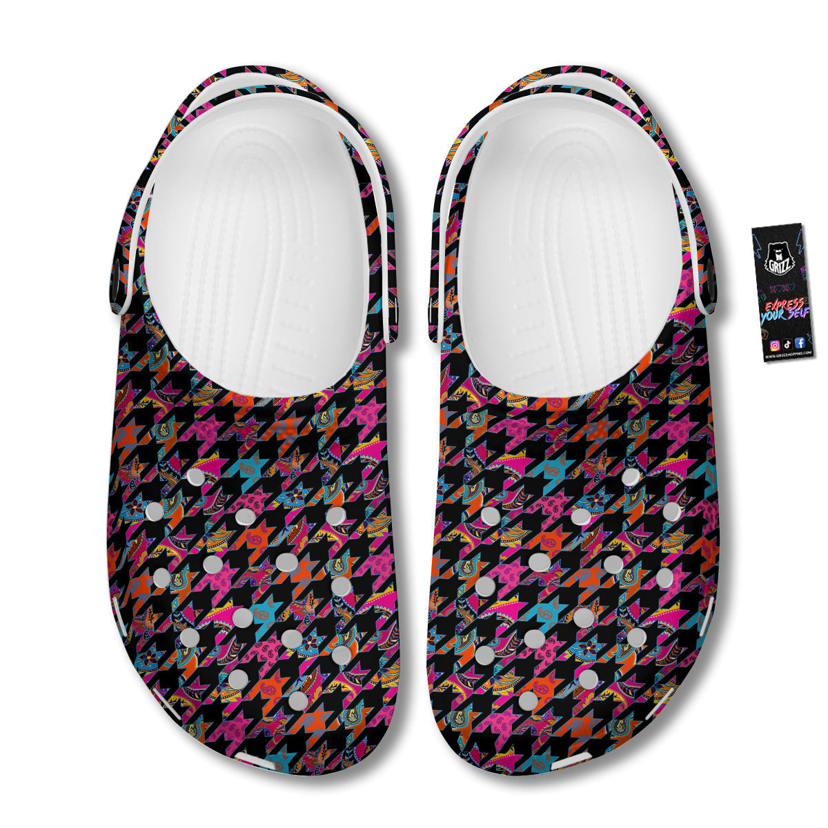 Geometrical Houndstooth And Paisley Print Pattern Clog-grizzshop