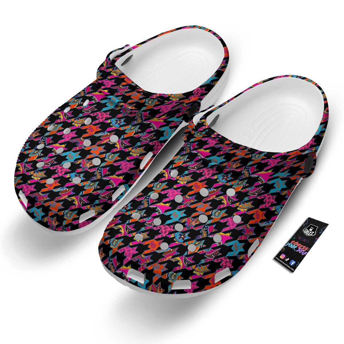 Geometrical Houndstooth And Paisley Print Pattern Clog-grizzshop