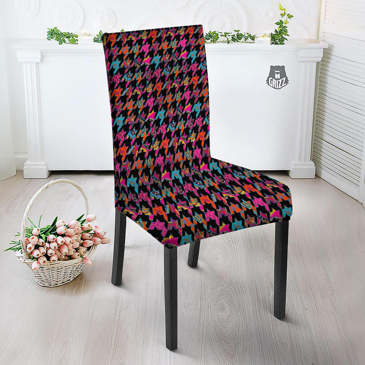 Geometrical Houndstooth And Paisley Print Pattern Dining Chair Slipcover-grizzshop
