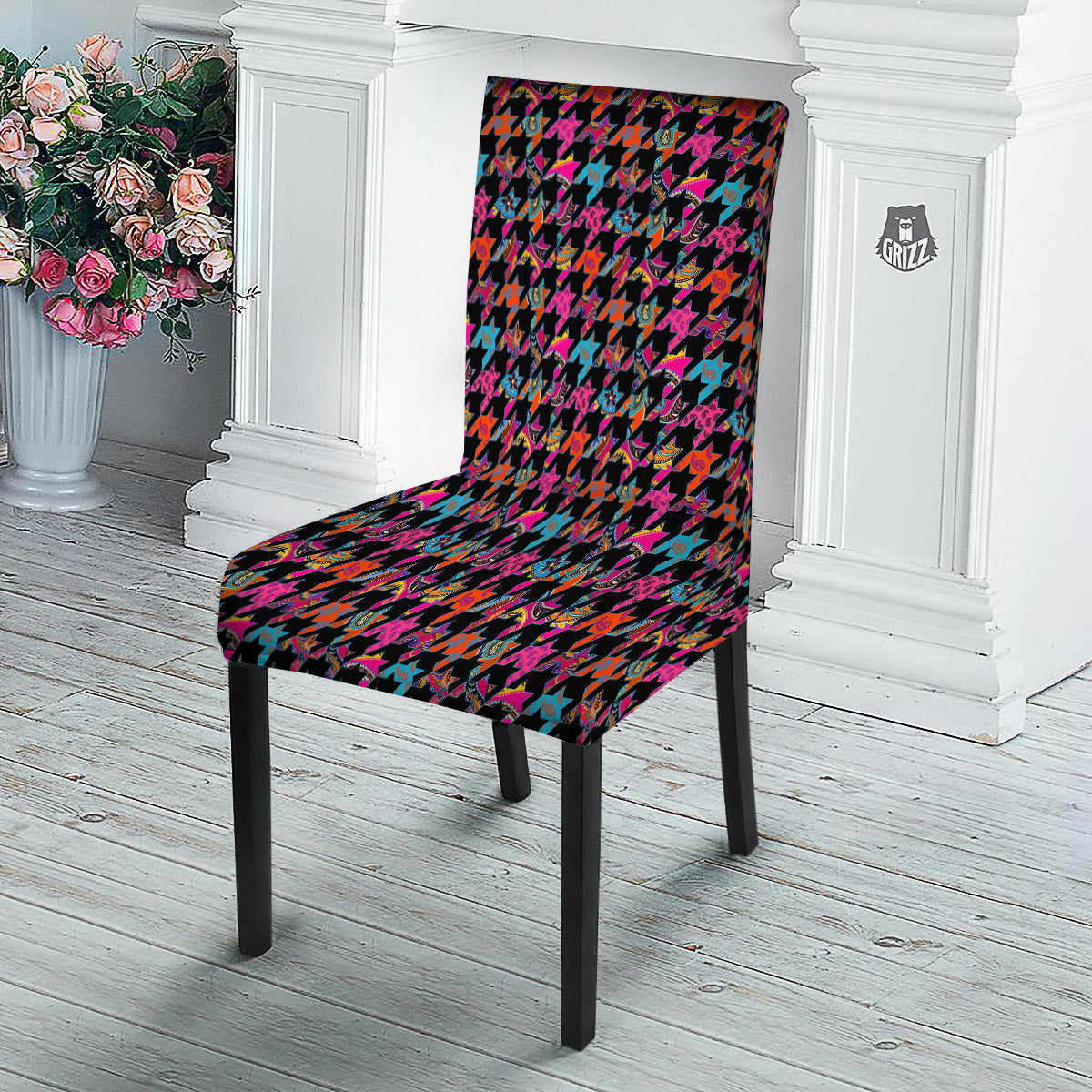 Geometrical Houndstooth And Paisley Print Pattern Dining Chair Slipcover-grizzshop