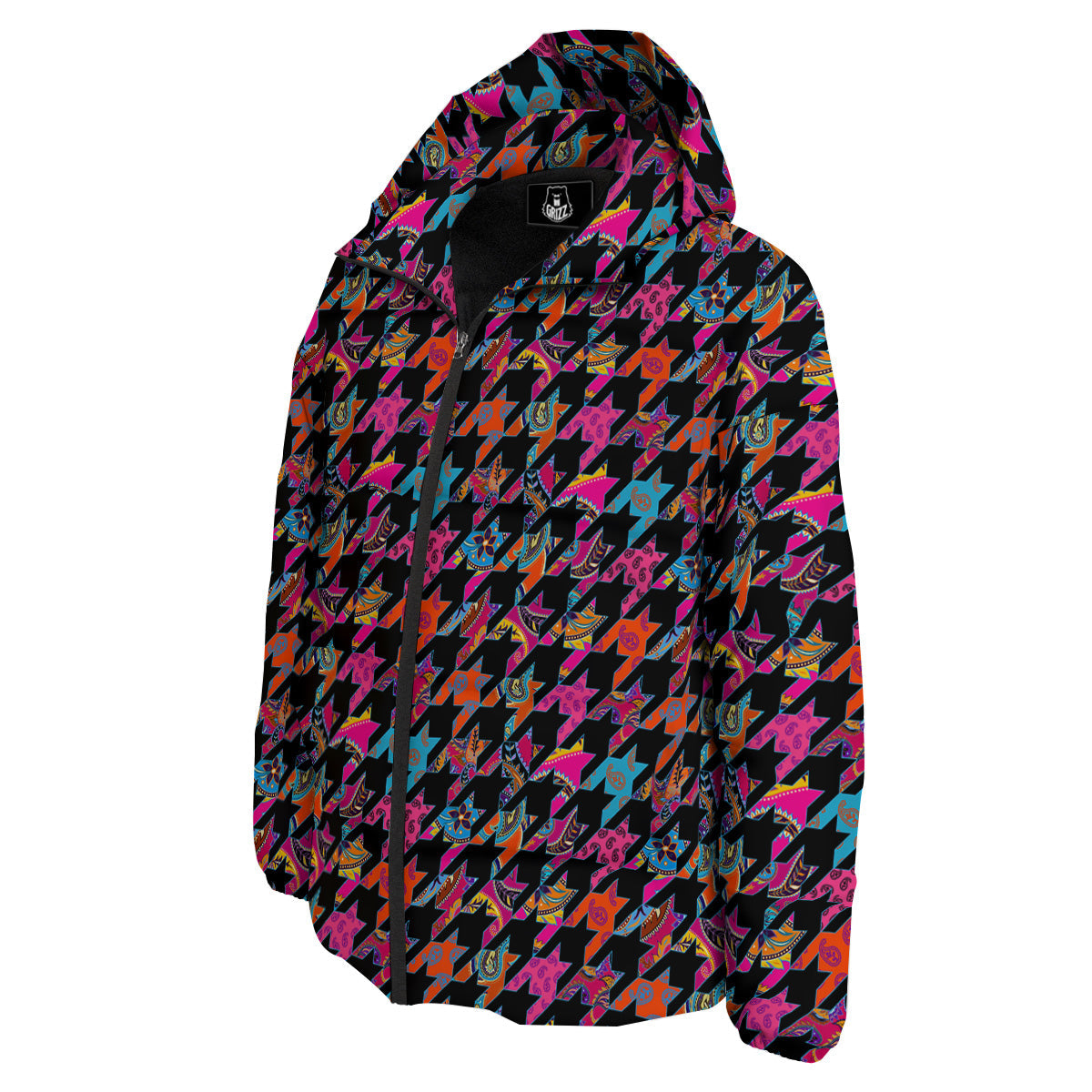 Geometrical Houndstooth And Paisley Print Pattern Down Jacket-grizzshop