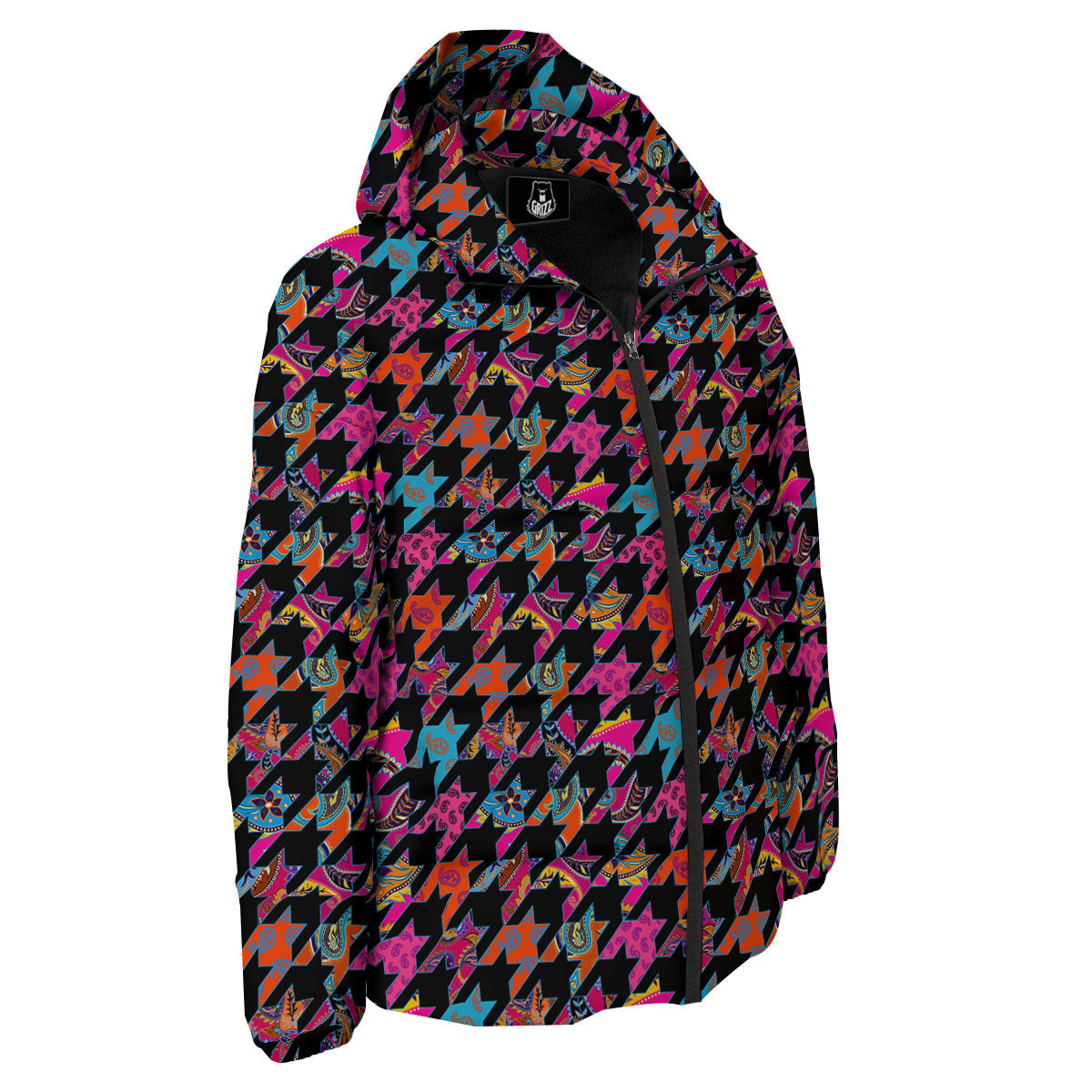 Geometrical Houndstooth And Paisley Print Pattern Down Jacket-grizzshop