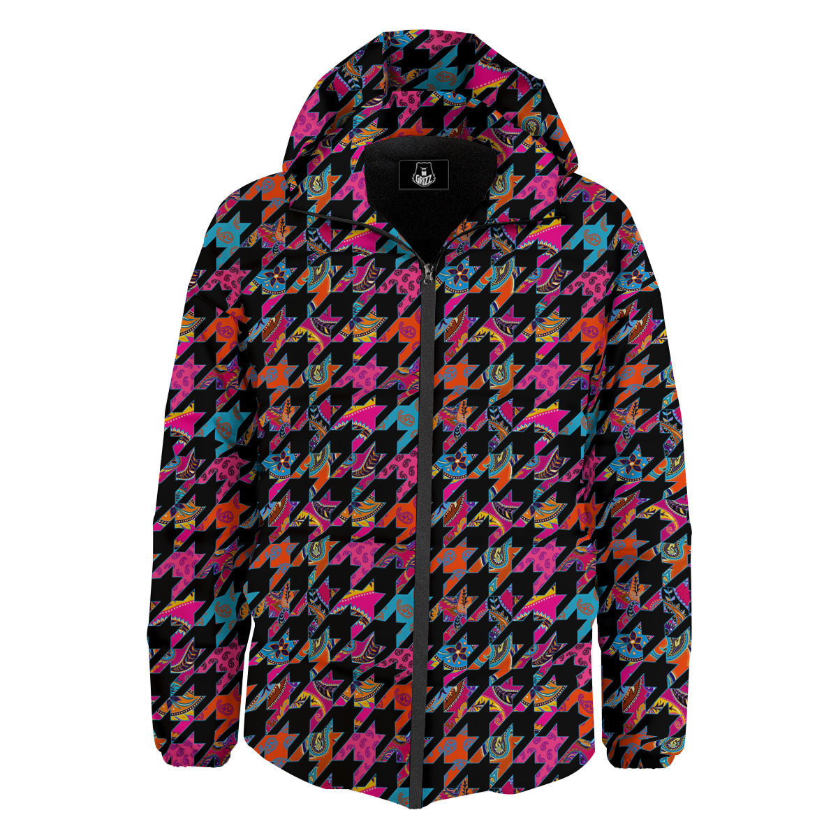 Geometrical Houndstooth And Paisley Print Pattern Down Jacket-grizzshop
