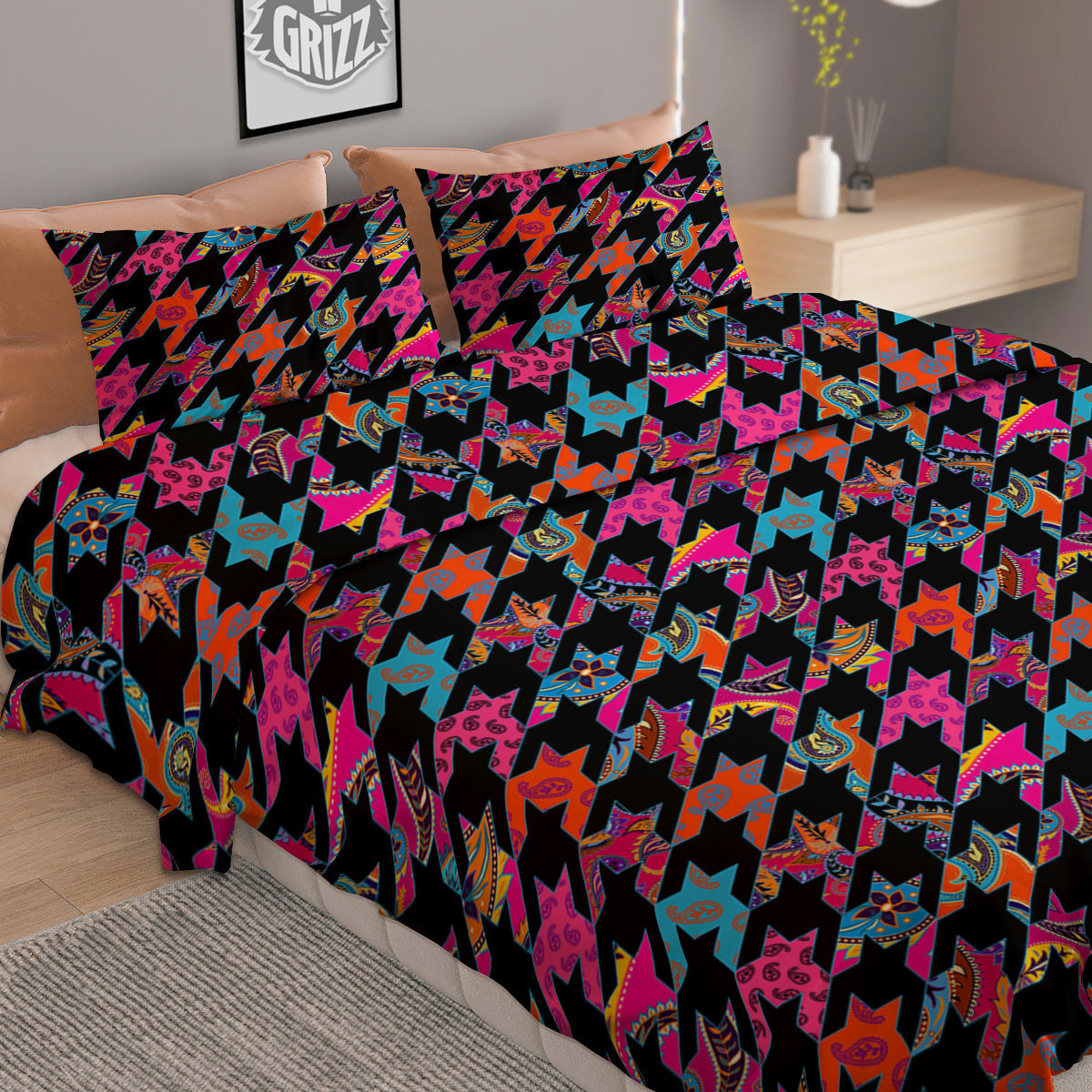 Geometrical Houndstooth And Paisley Print Pattern Duvet Cover Bedding Set