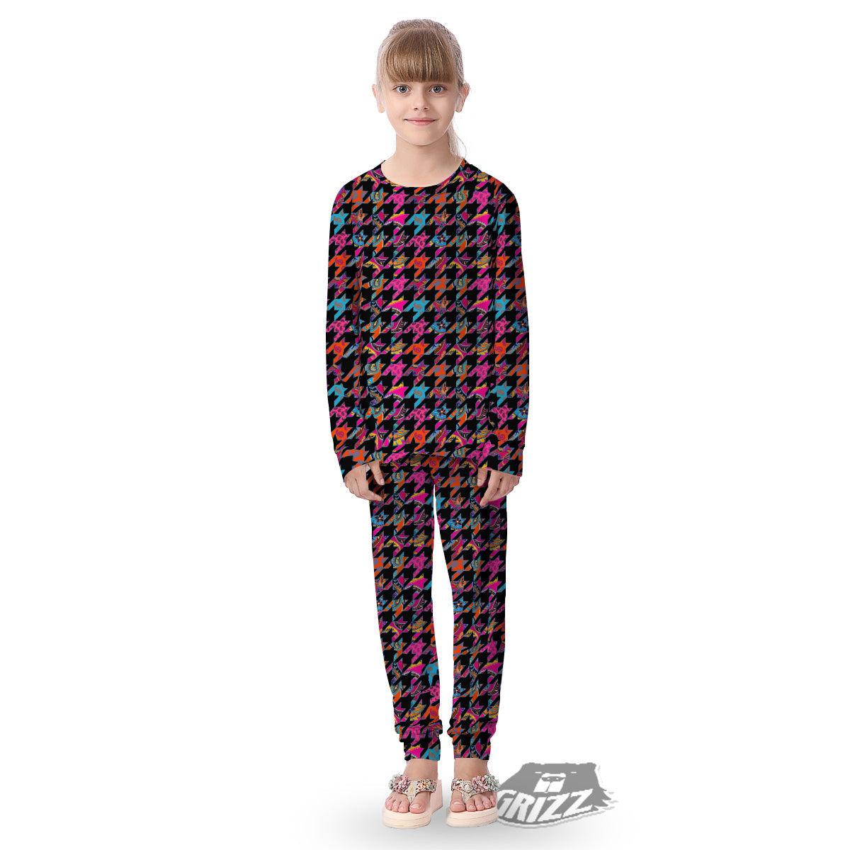 Geometrical Houndstooth And Paisley Print Pattern Kid's Pajamas-grizzshop