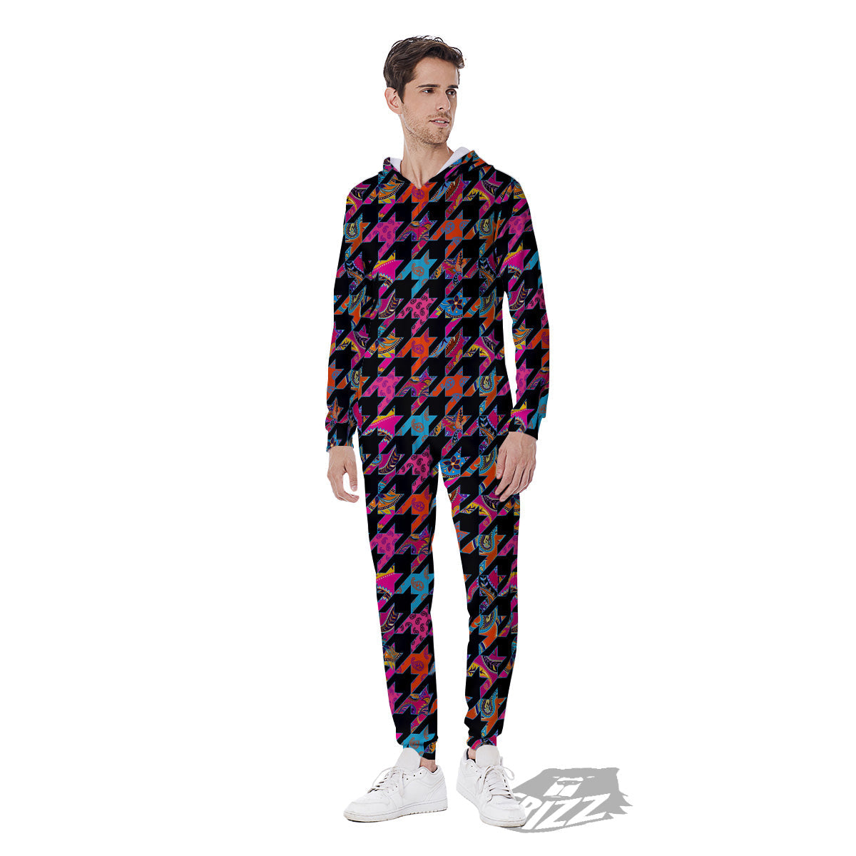 Geometrical Houndstooth And Paisley Print Pattern Men's Jumpsuit-grizzshop