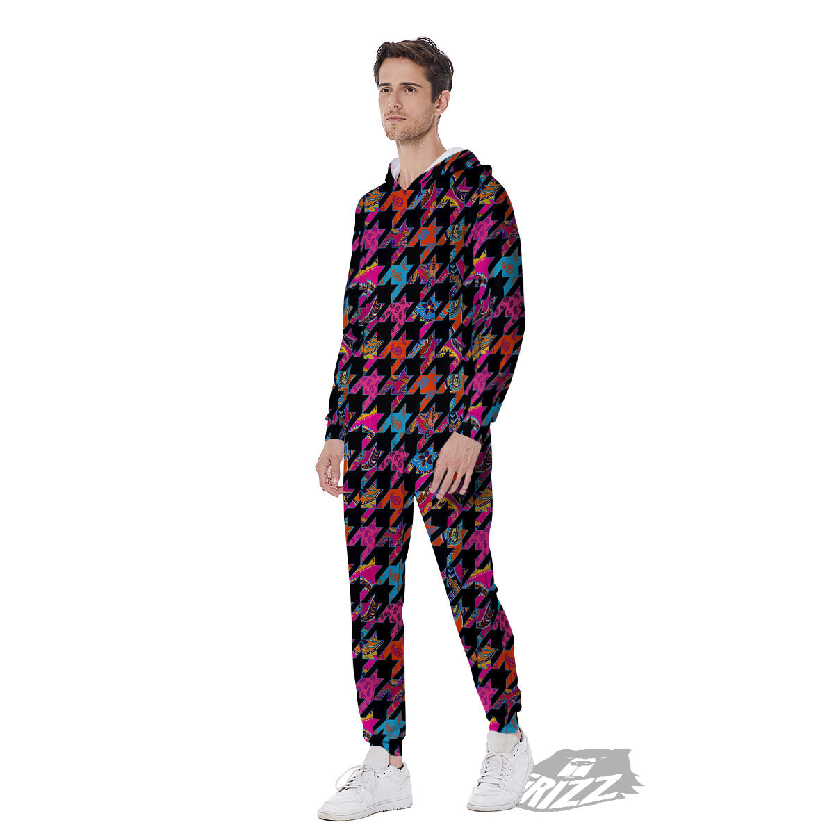 Geometrical Houndstooth And Paisley Print Pattern Men's Jumpsuit-grizzshop