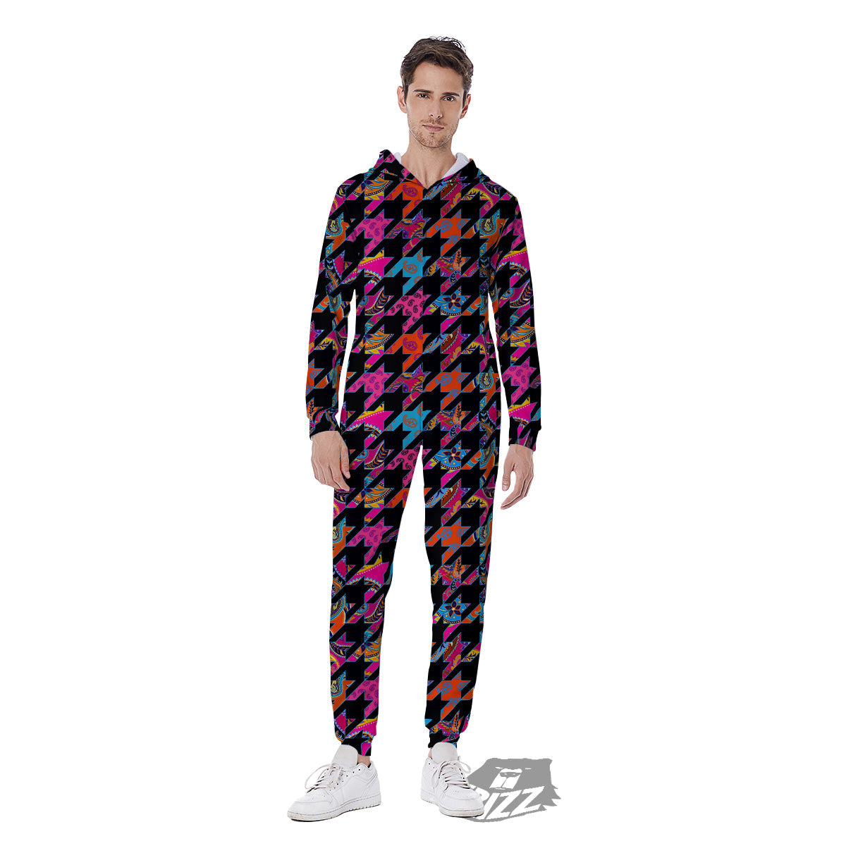 Geometrical Houndstooth And Paisley Print Pattern Men's Jumpsuit-grizzshop