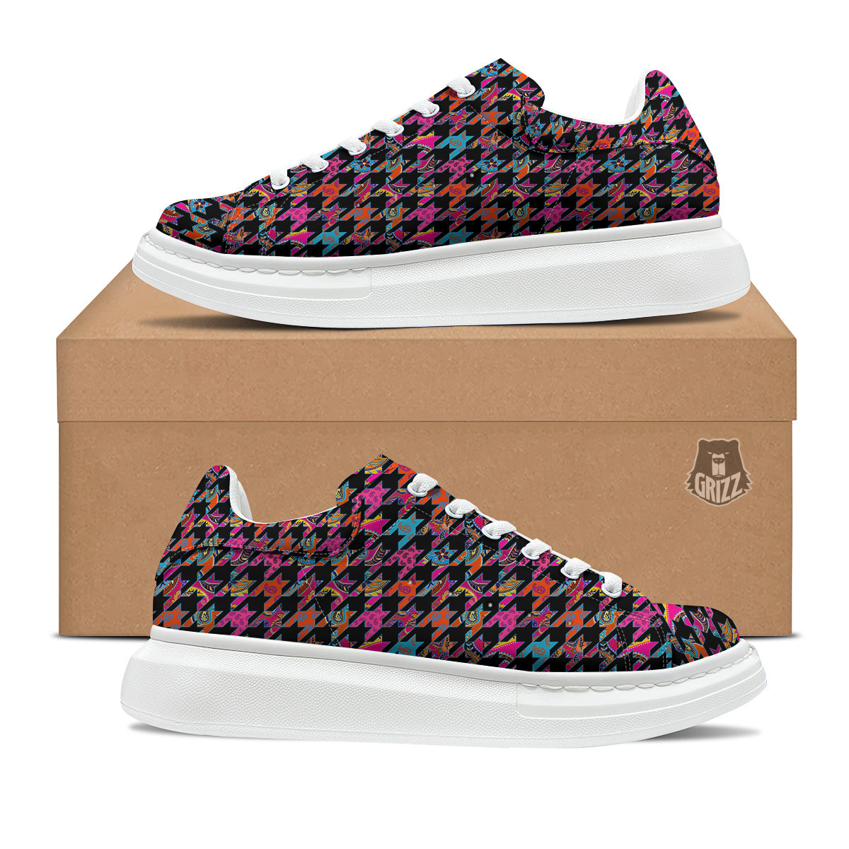 Geometrical Houndstooth And Paisley Print Pattern Platform Shoes-grizzshop