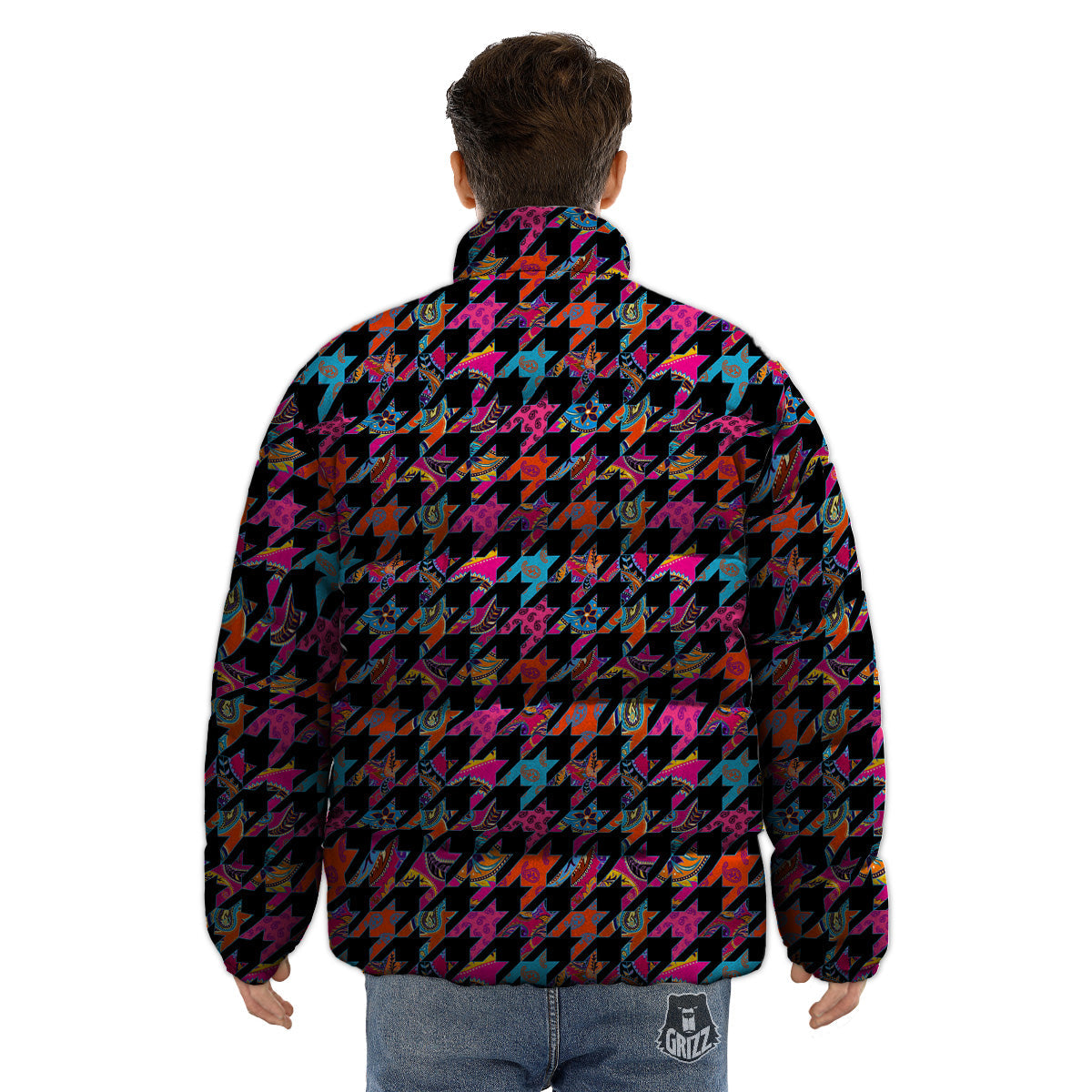 Geometrical Houndstooth And Paisley Print Pattern Puffer Jacket-grizzshop