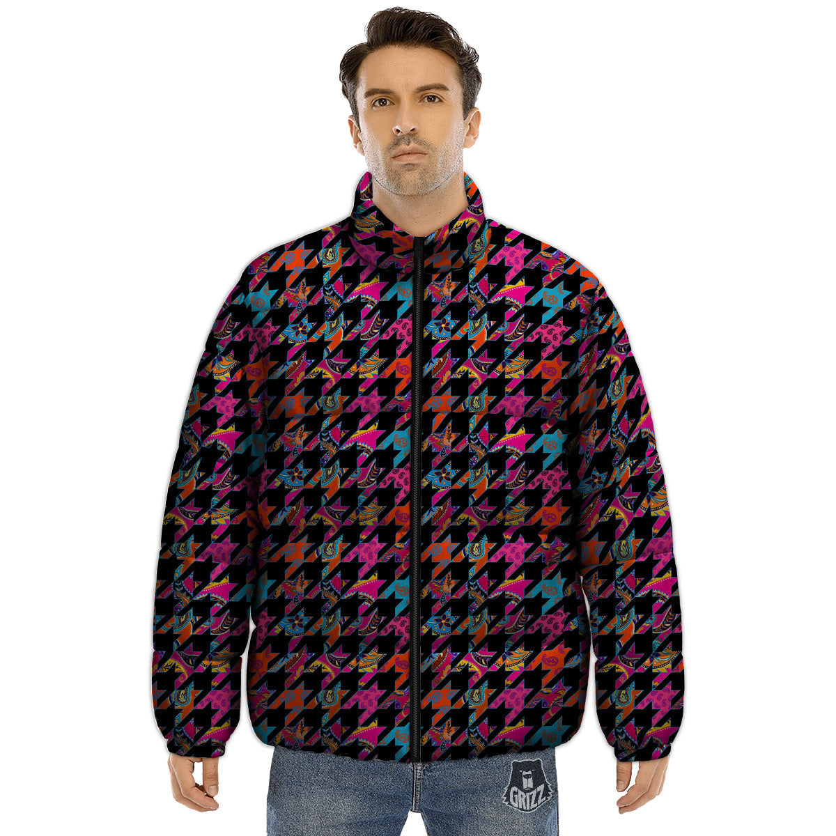 Geometrical Houndstooth And Paisley Print Pattern Puffer Jacket-grizzshop