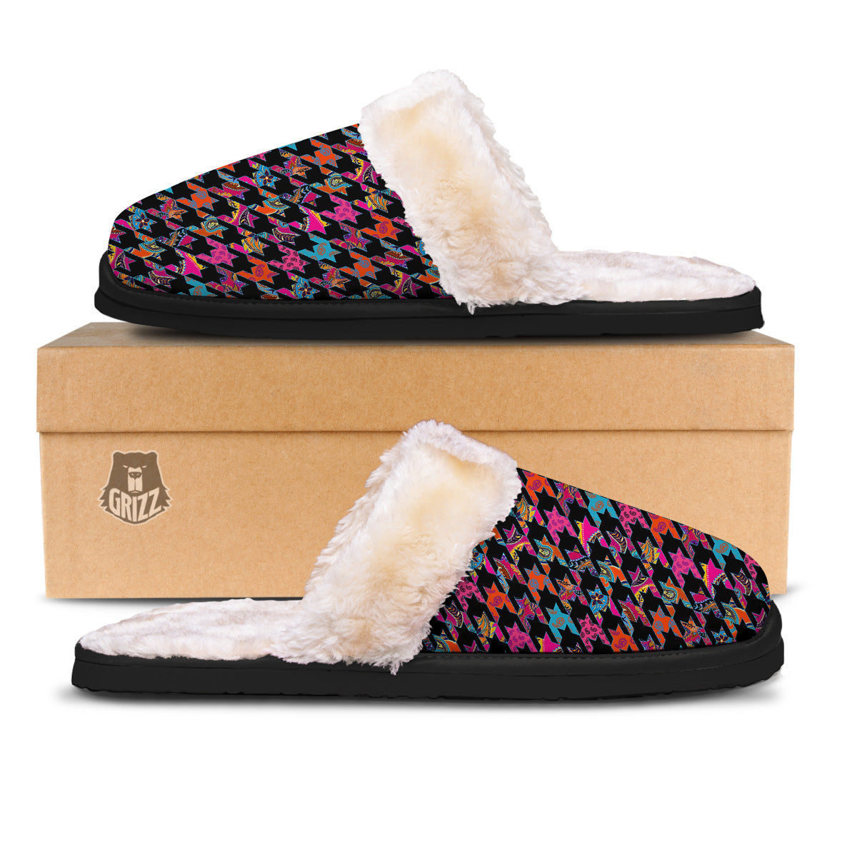 Geometrical Houndstooth And Paisley Print Pattern Slippers-grizzshop