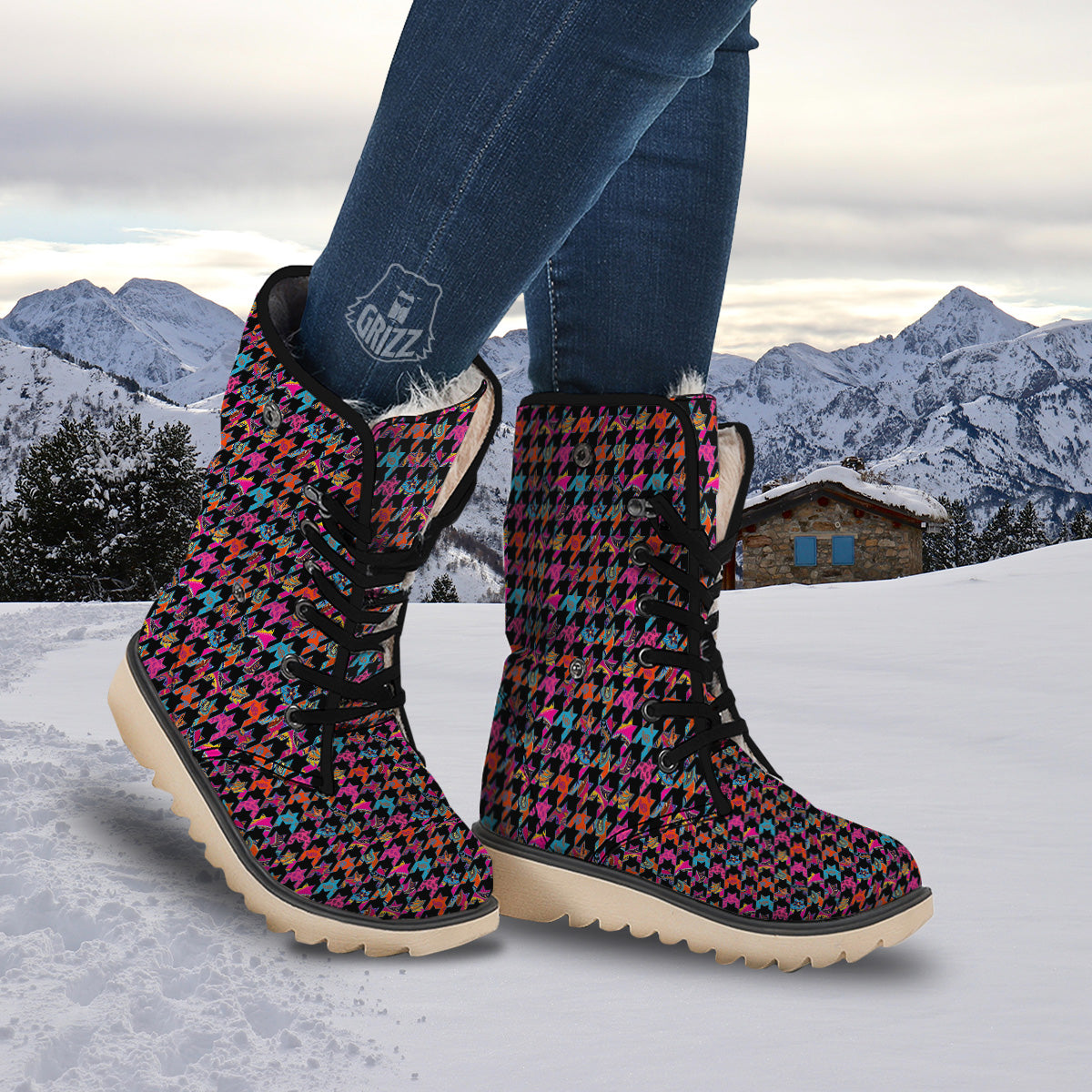Geometrical Houndstooth And Paisley Print Pattern Snow Boots-grizzshop