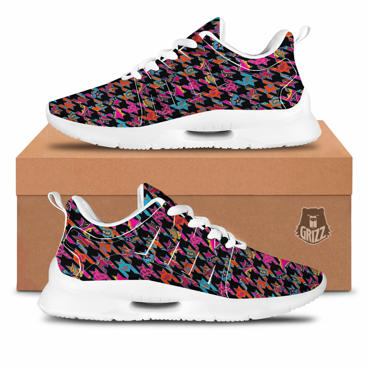 Geometrical Houndstooth And Paisley Print Pattern Tennis Shoes-grizzshop