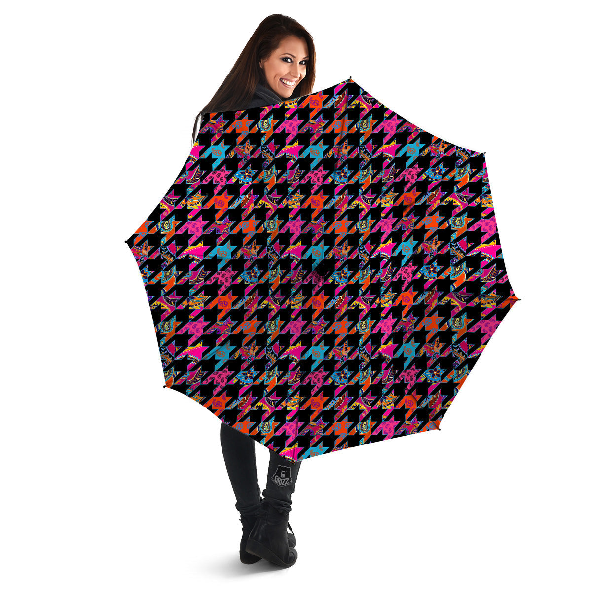 Geometrical Houndstooth And Paisley Print Pattern Umbrella-grizzshop