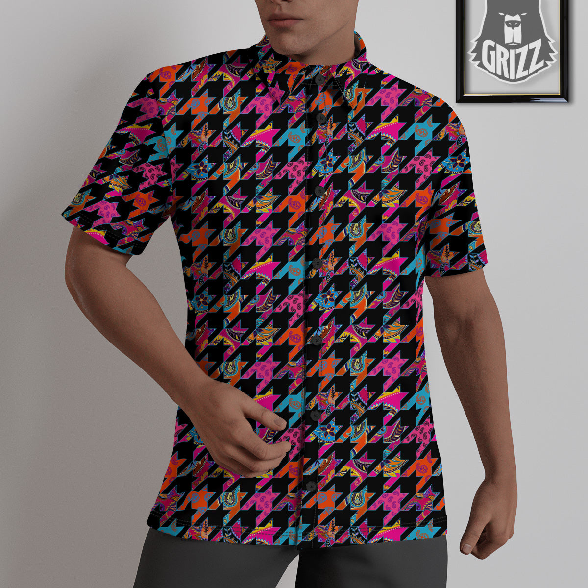 Geometrical Houndstooth And Paisley Print Pattern Untucked Shirts-grizzshop
