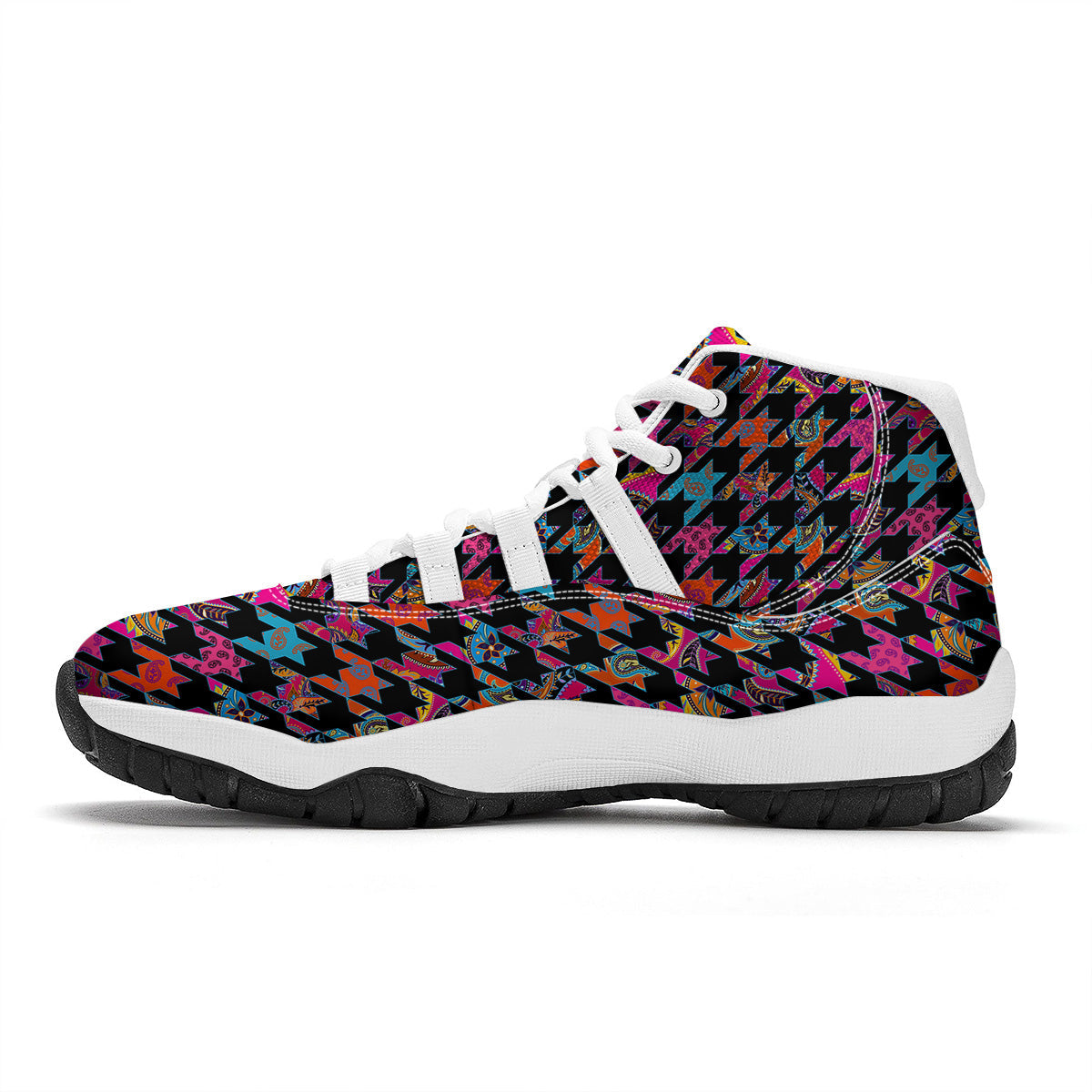 Geometrical Houndstooth And Paisley Print Pattern White Bball Shoes-grizzshop