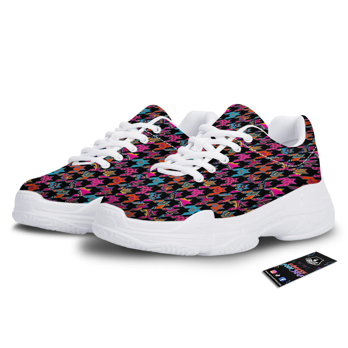 Geometrical Houndstooth And Paisley Print Pattern White Chunky Shoes-grizzshop