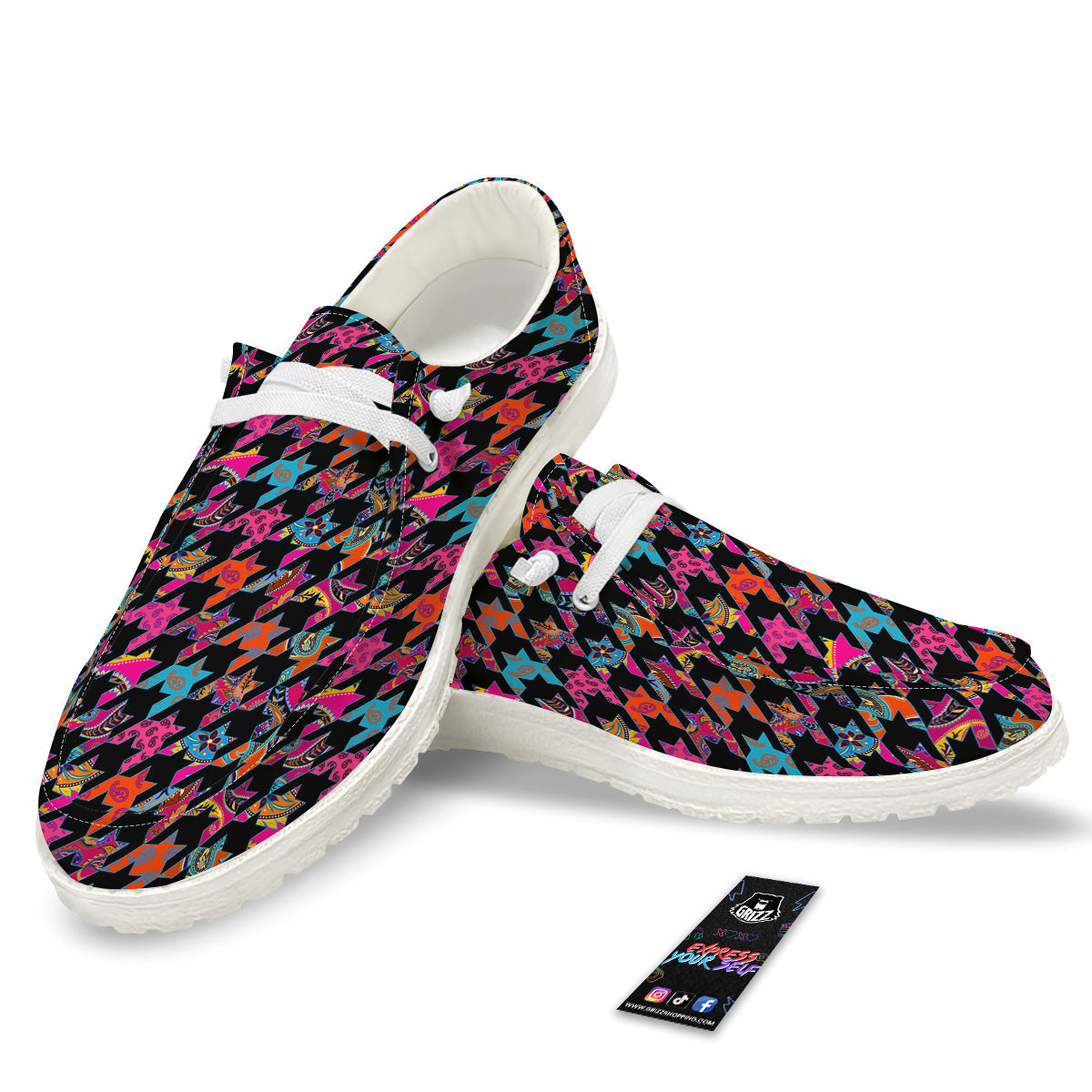 Geometrical Houndstooth And Paisley Print Pattern White Loafers-grizzshop