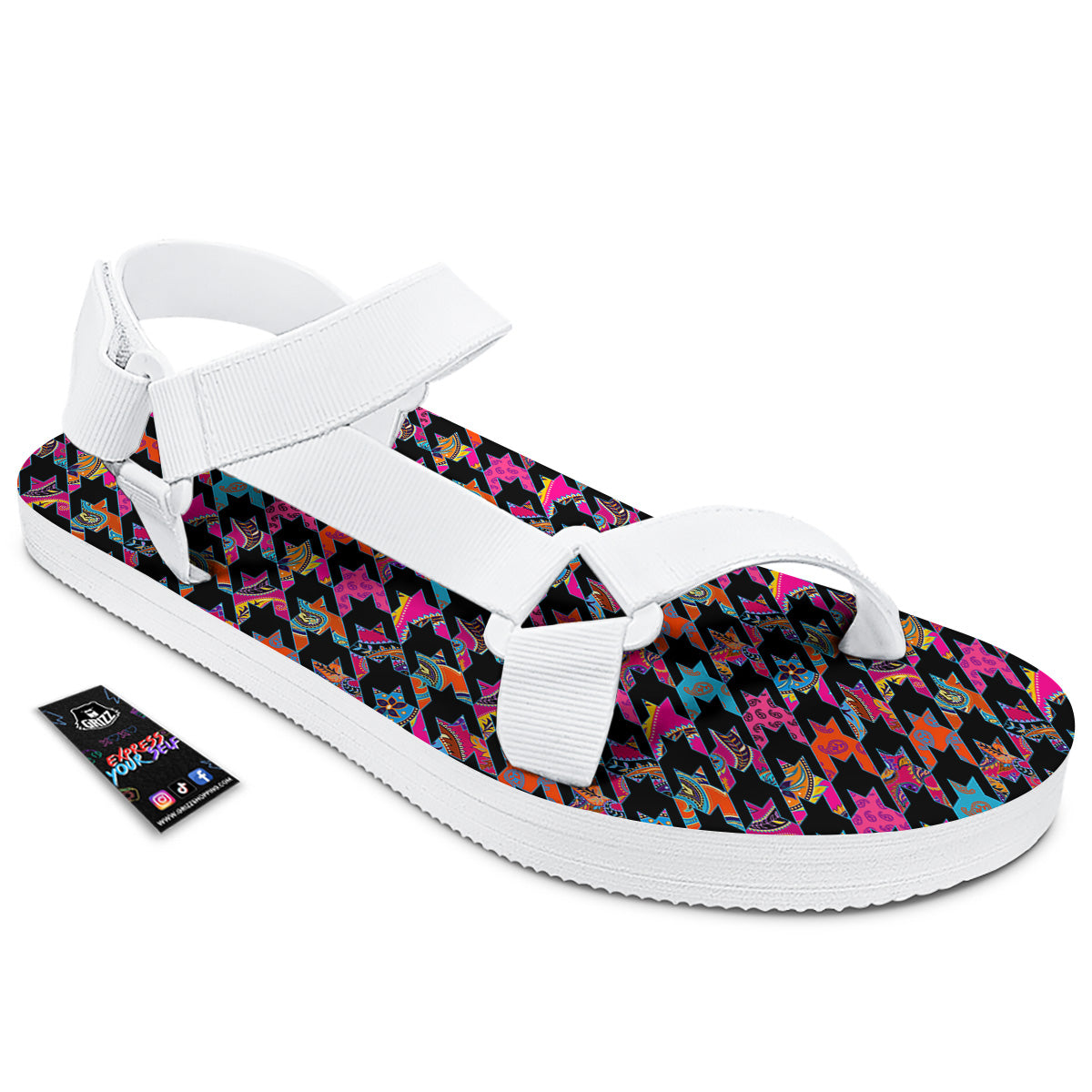 Geometrical Houndstooth And Paisley Print Pattern White Open Toe Sandals-grizzshop