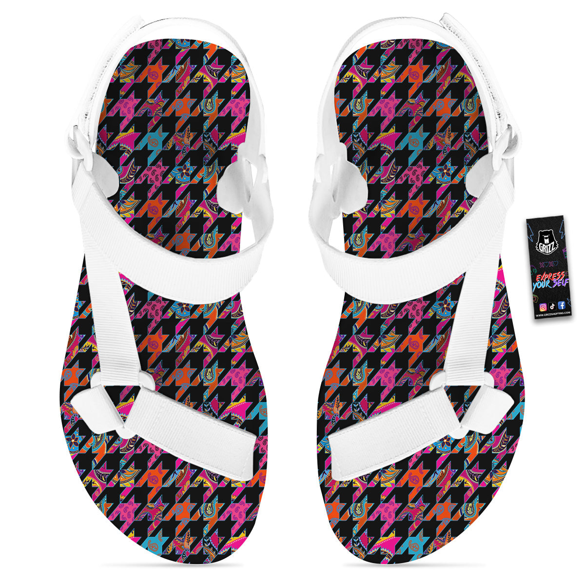 Geometrical Houndstooth And Paisley Print Pattern White Open Toe Sandals-grizzshop