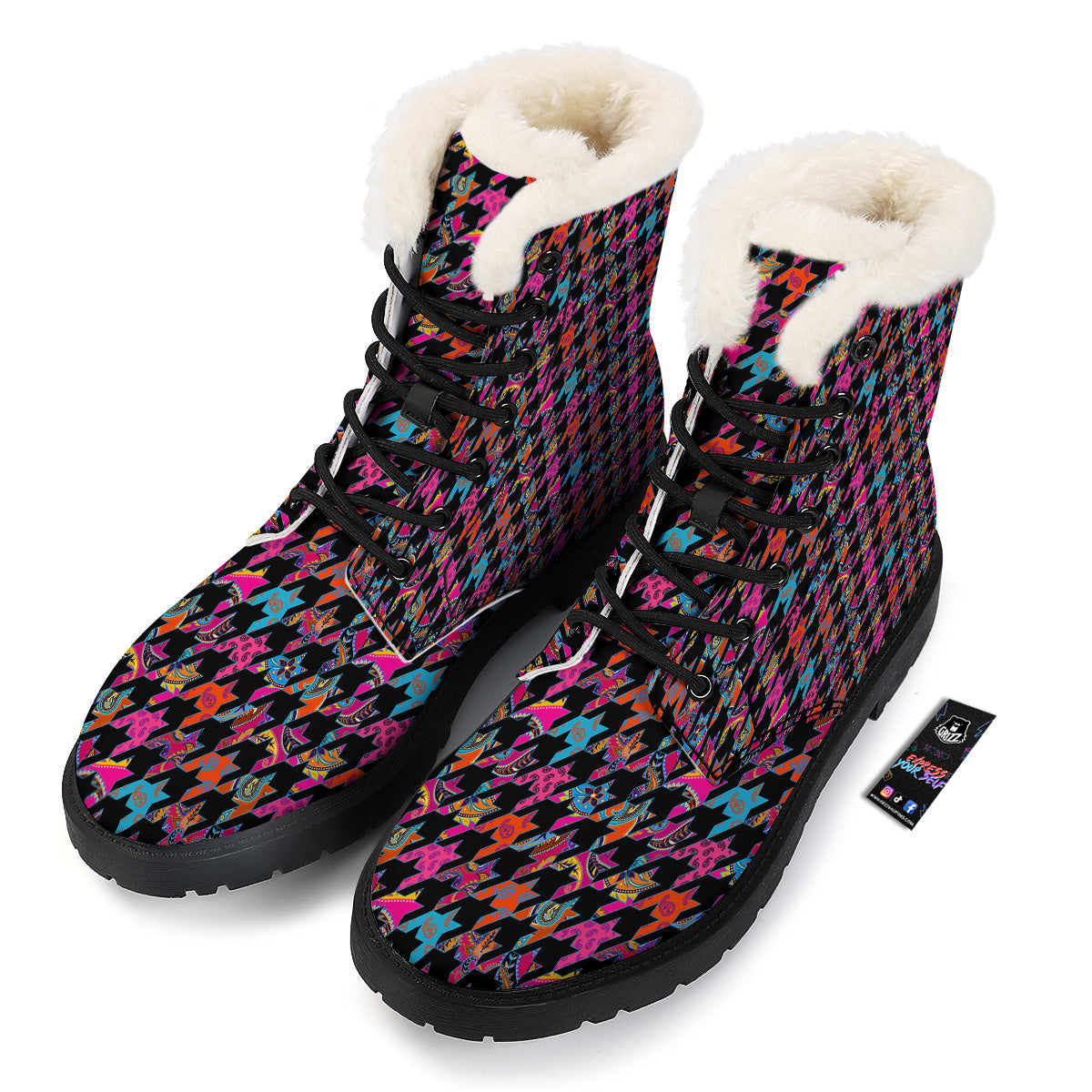 Geometrical Houndstooth And Paisley Print Pattern Winter Boots-grizzshop