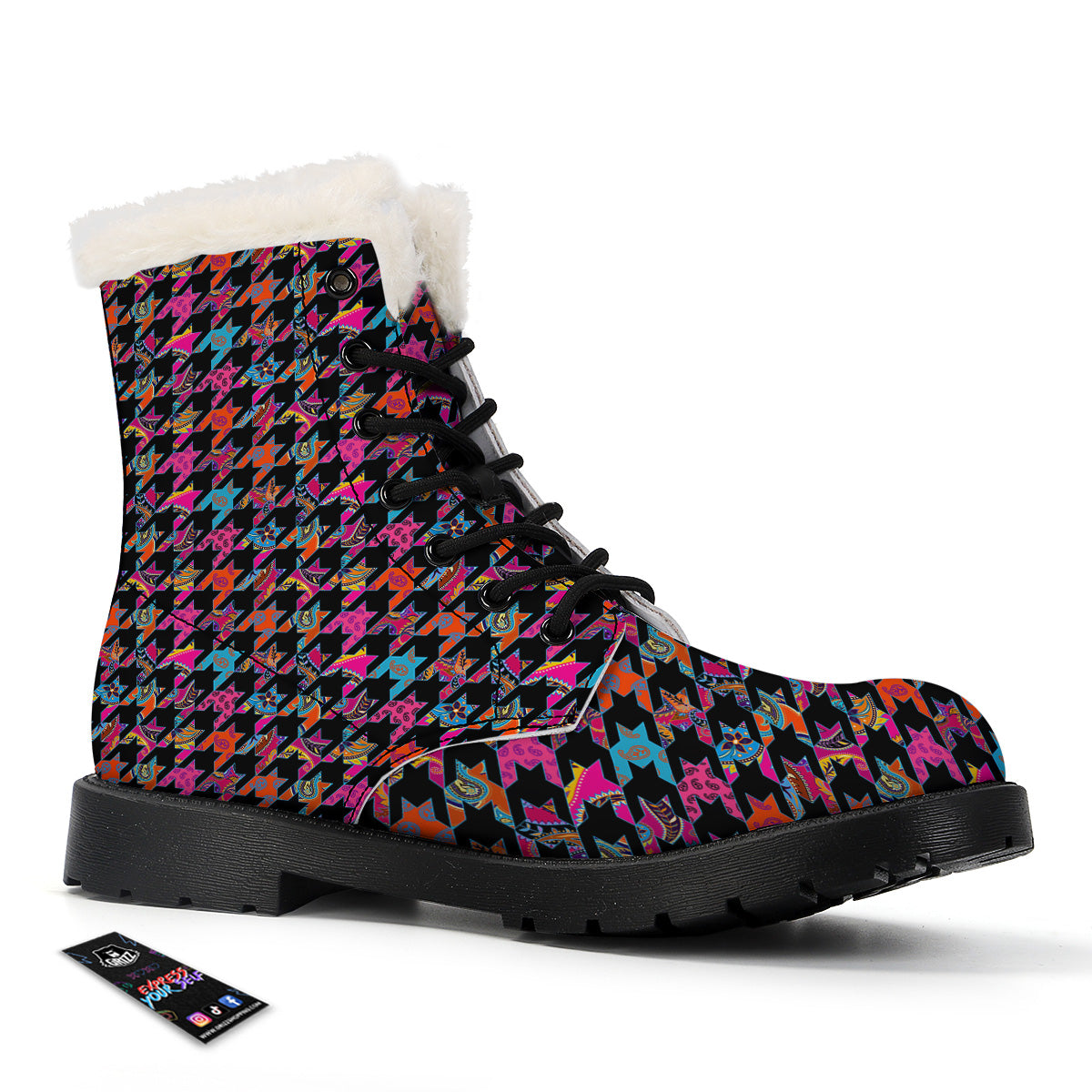 Geometrical Houndstooth And Paisley Print Pattern Winter Boots-grizzshop