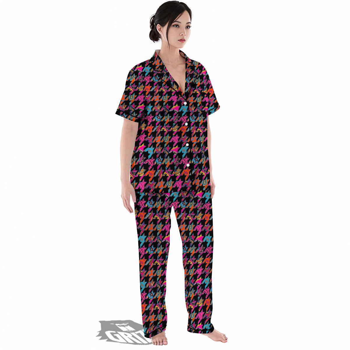 Geometrical Houndstooth And Paisley Print Pattern Women's Pajamas Set-grizzshop