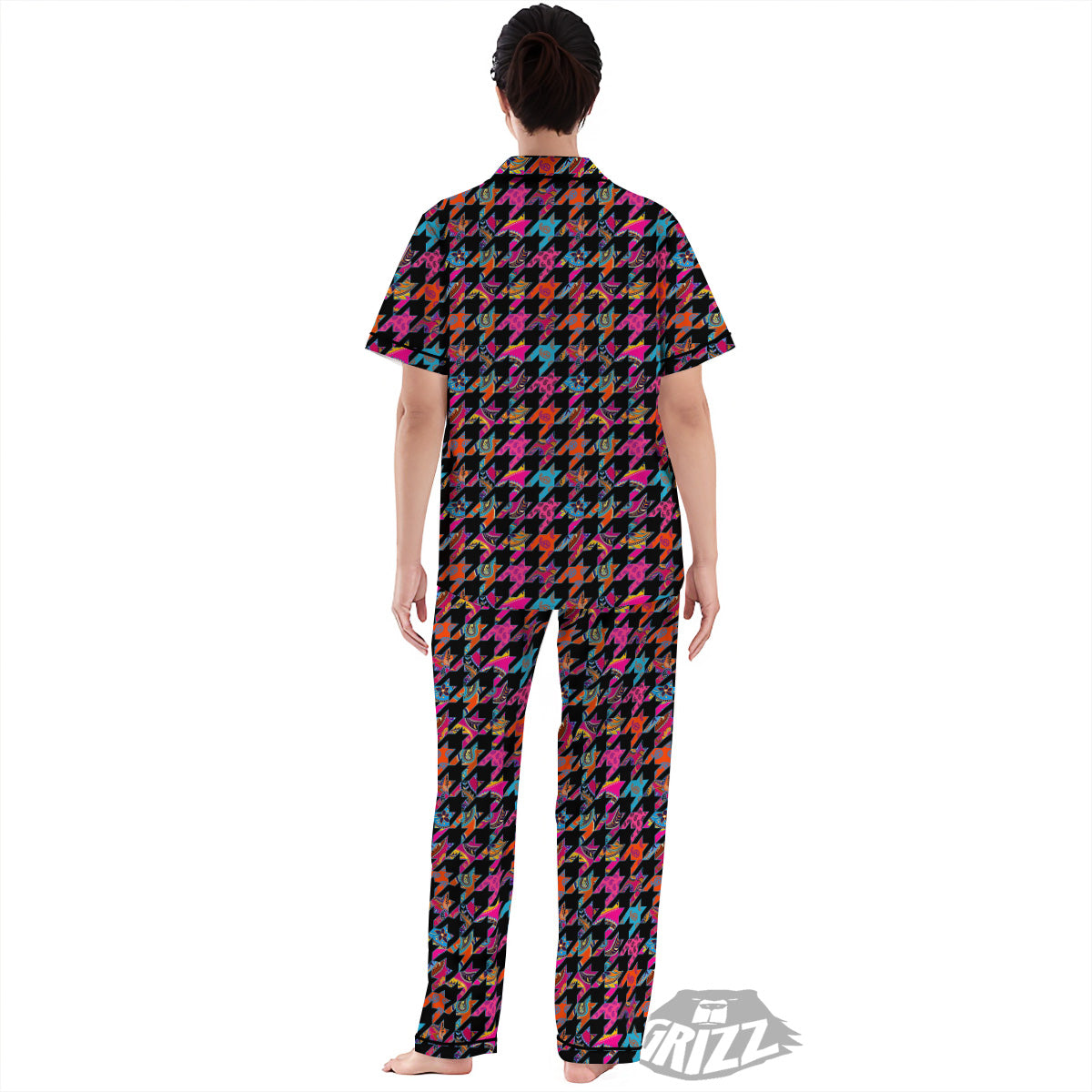 Geometrical Houndstooth And Paisley Print Pattern Women's Pajamas Set-grizzshop