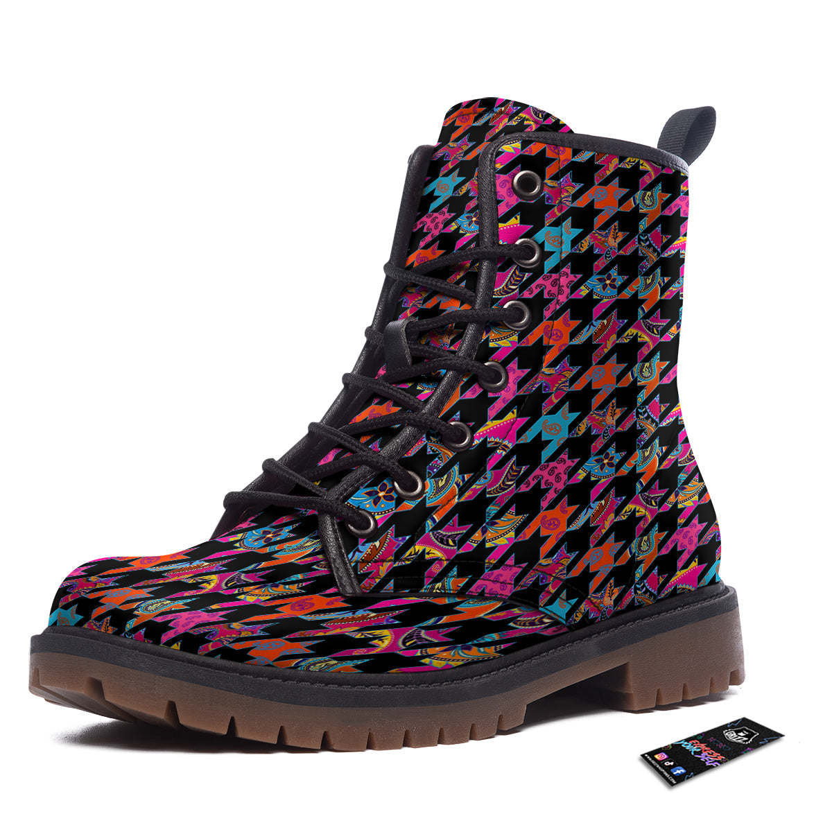 Geometrical Houndstooth And Paisley Print Pattern Work Boots-grizzshop