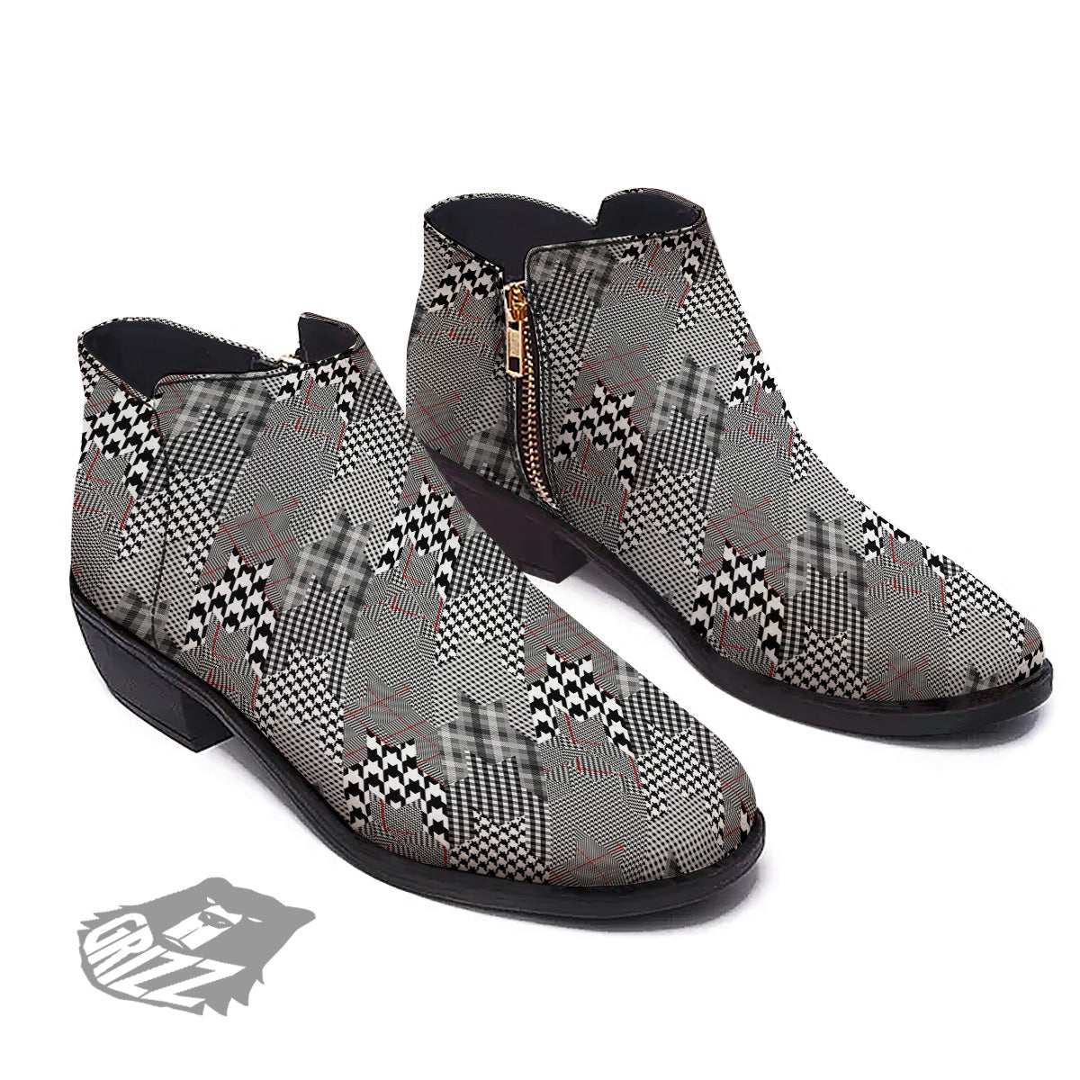 Geometrical Houndstooth Patchwork Print Pattern Ankle Boots-grizzshop