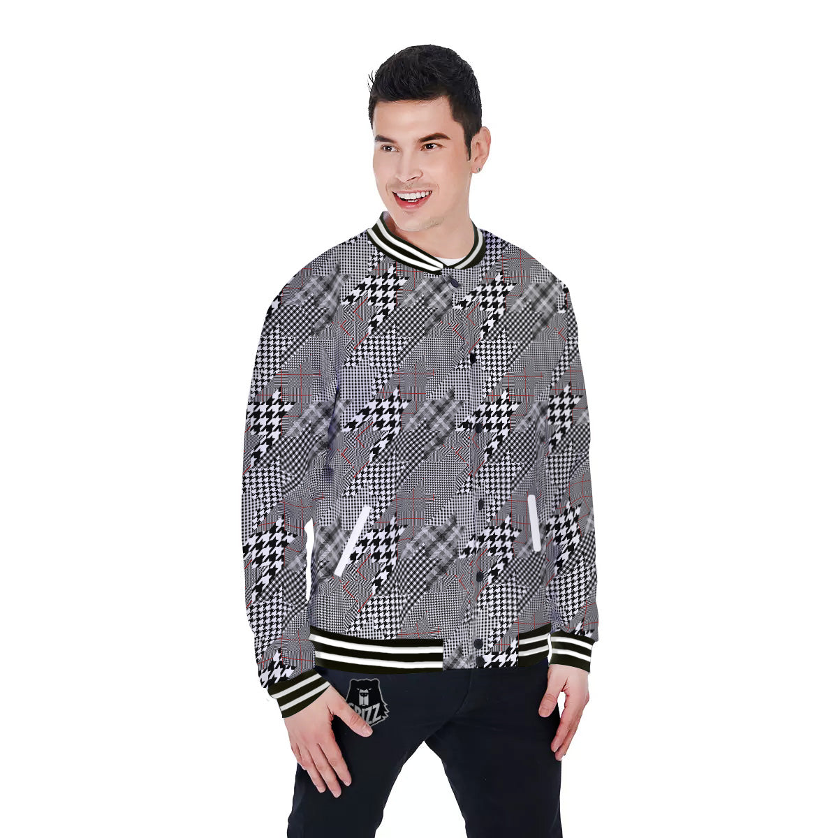 Geometrical Houndstooth Patchwork Print Pattern Baseball Jacket-grizzshop