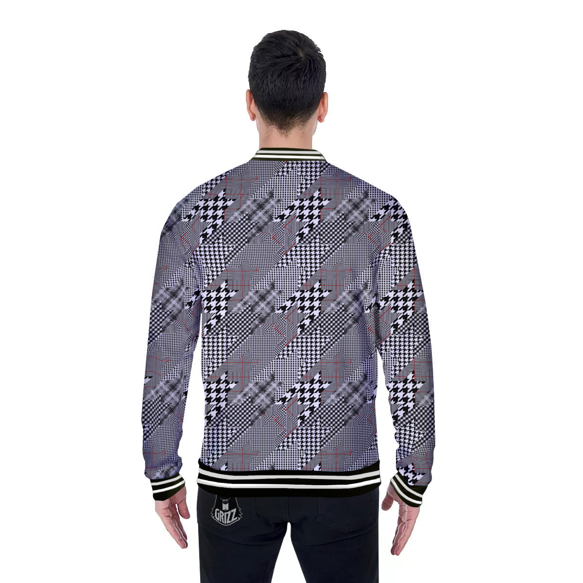 Geometrical Houndstooth Patchwork Print Pattern Baseball Jacket-grizzshop